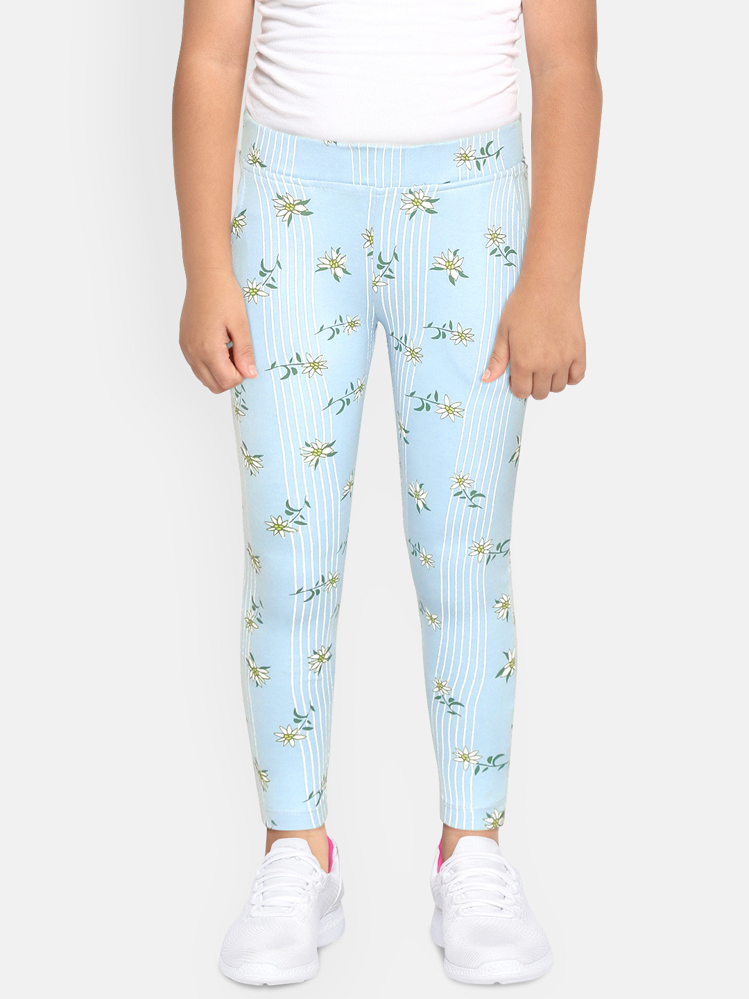 

YK Girls Blue & White Striped & Floral Print Ankle-Length Cotton Leggings