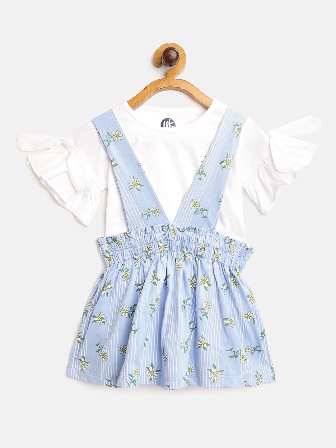 

YK Girls Blue & White Floral Print Pinafore Dress with Top