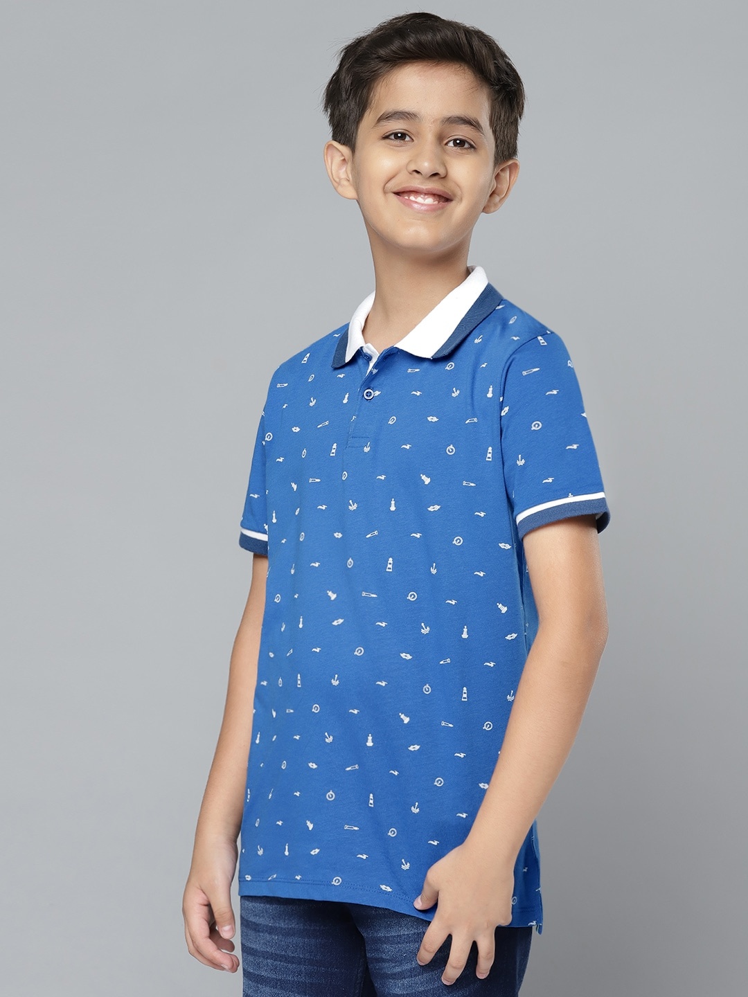 

YK Boys Blue & White Pure Cotton Nautical Print Polo Collar T-shirt