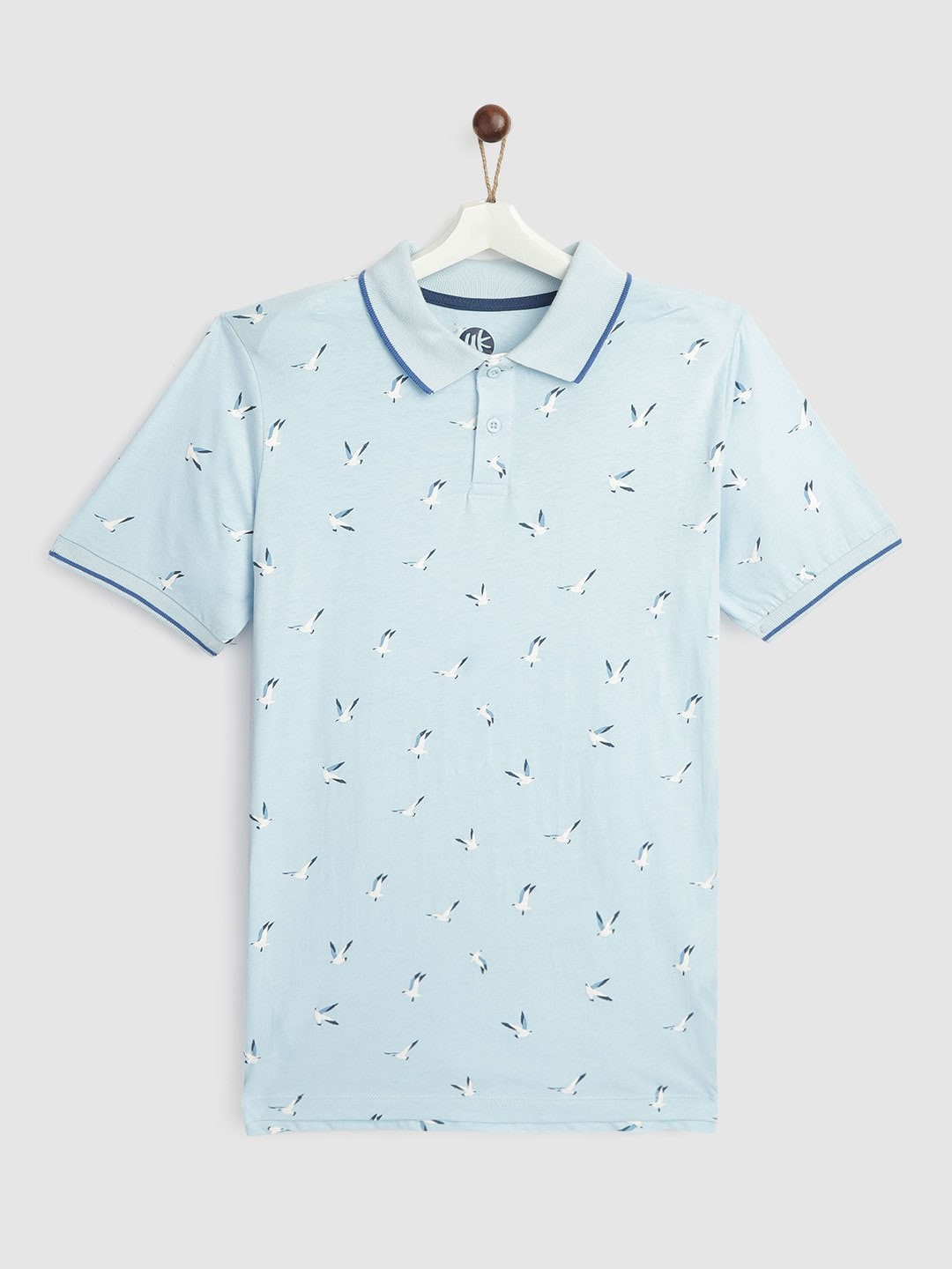 

YK Boys Blue & White Pure Cotton Nautical Birds Print Polo Collar T-shirt