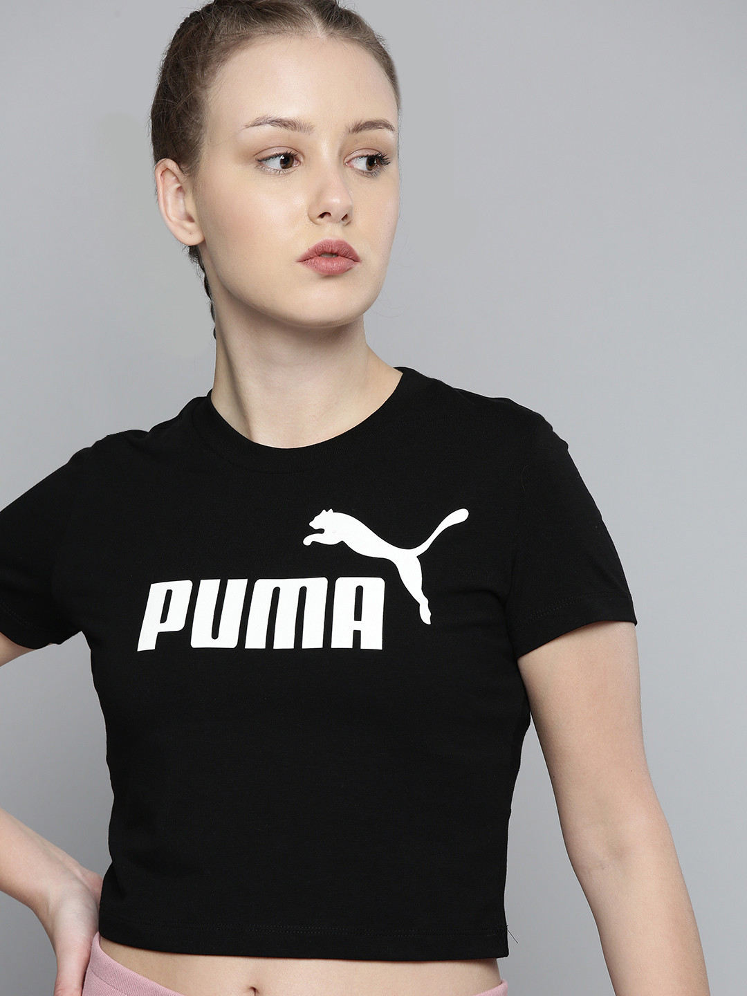 

Puma Women Black & White ESS Brand Logo Printed Slim Fit Cropped T-shirt