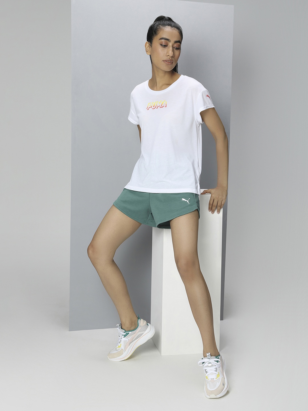 

Puma Women White Modern Sports Cotton Brand Logo Print Round Neck T-shirt