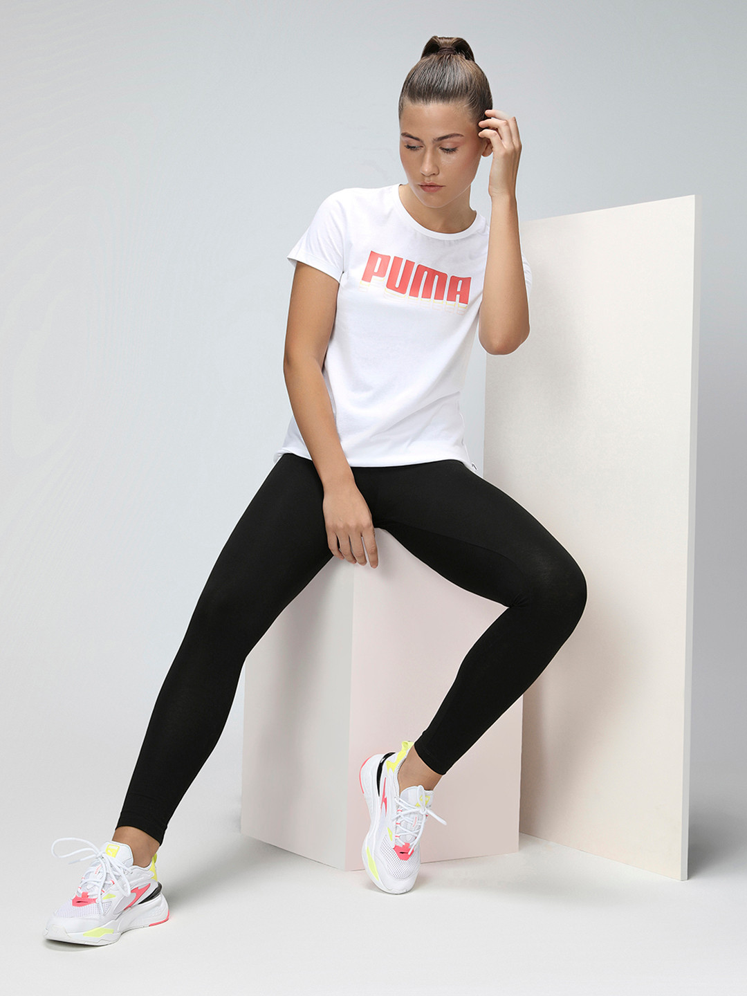 

Puma Women White & Peach-Coloured Pure Cotton Printed Round Neck T-shirt