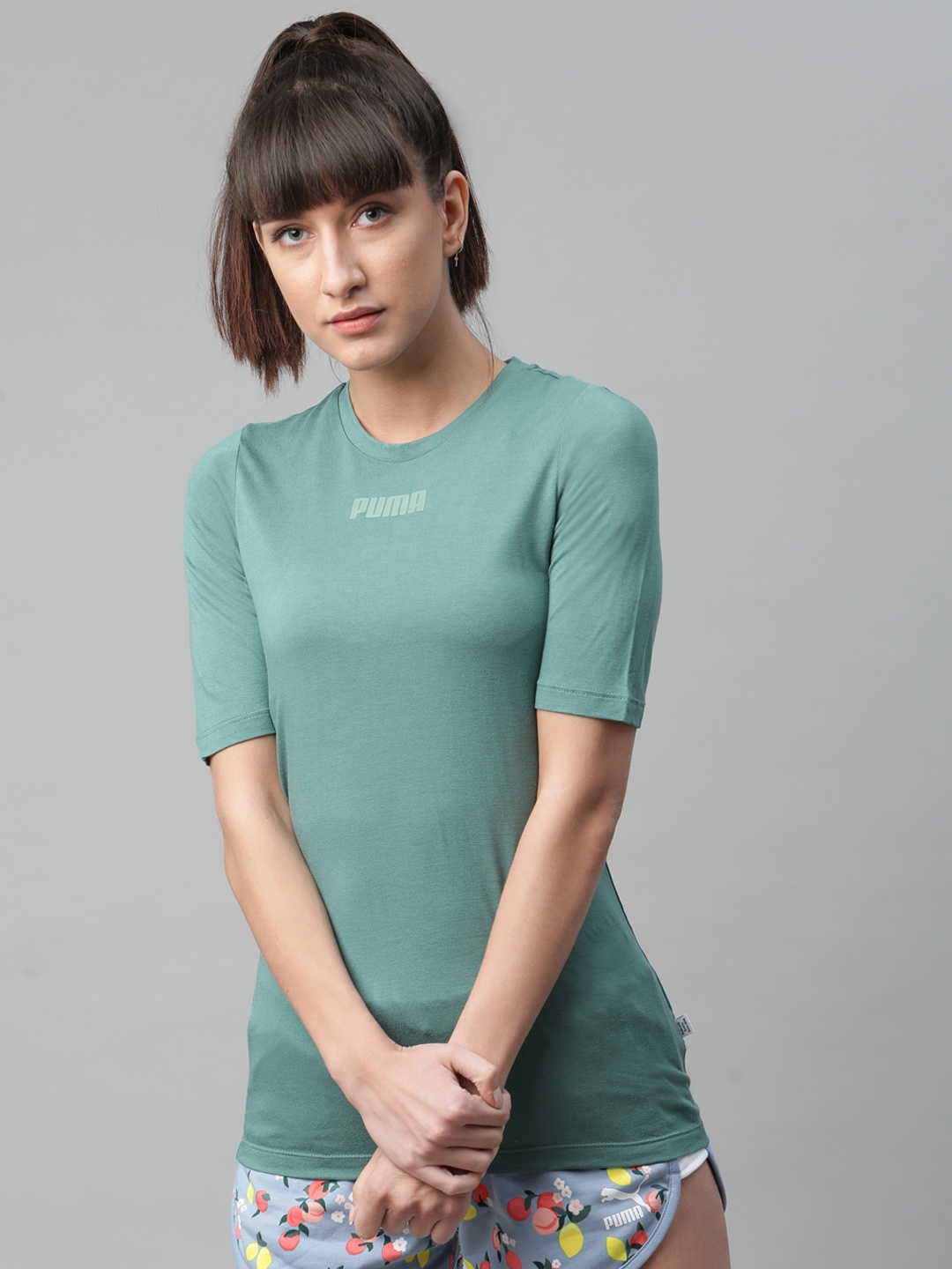 

Puma Women Sea Green Solid Round Neck Slim T-shirt