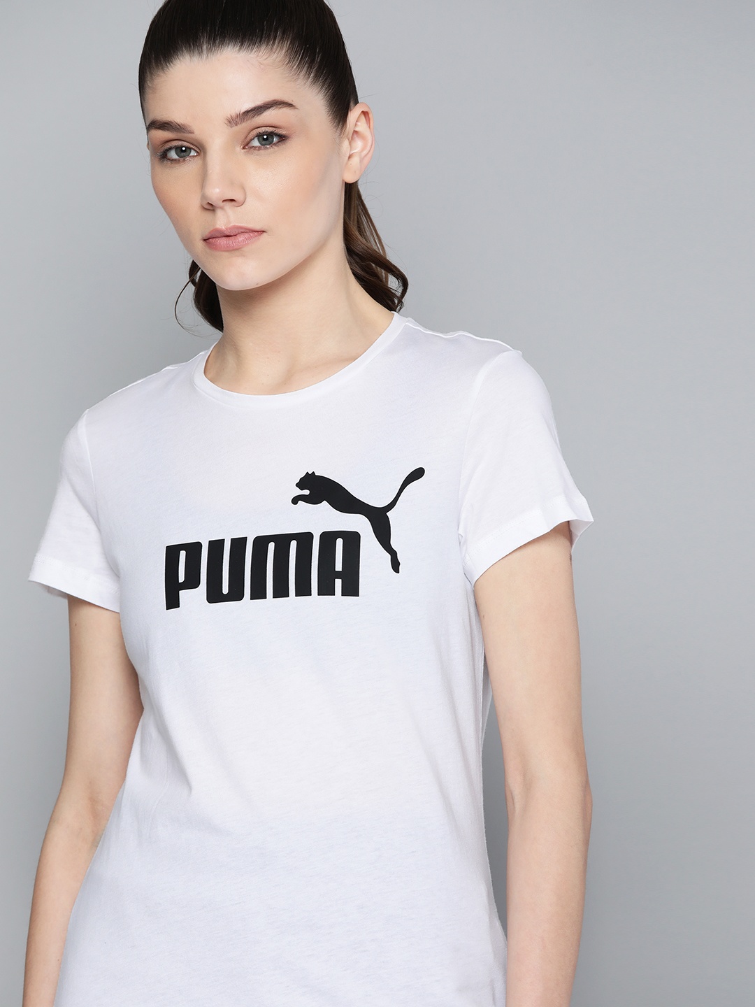 

Puma Women White Black Pure Cotton Essential Brand Logo Print Pure Cotton T-shirt