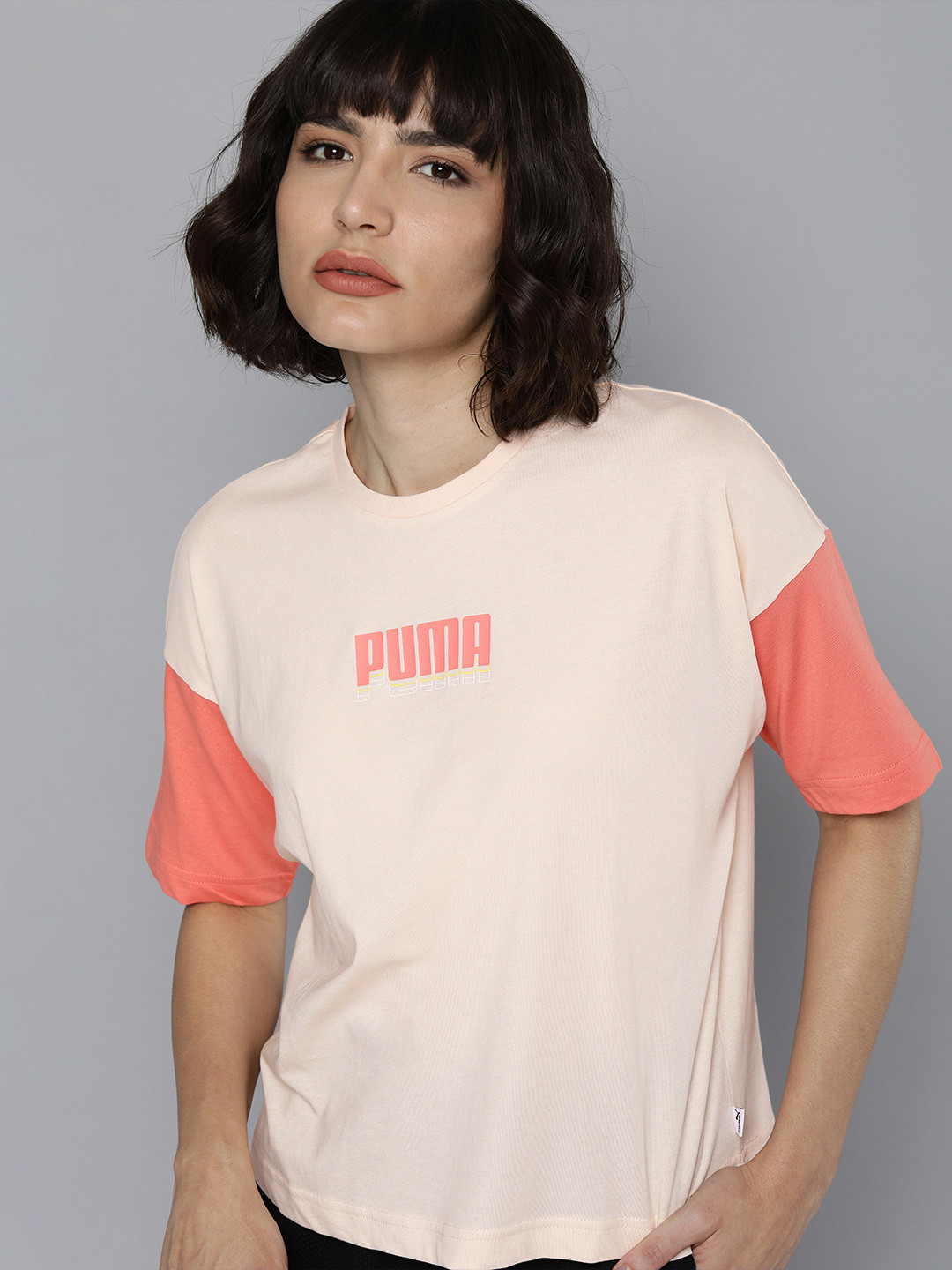 

Puma Women Pink & Peach-Coloured Colourblocked Pure Cotton Casual T-shirt