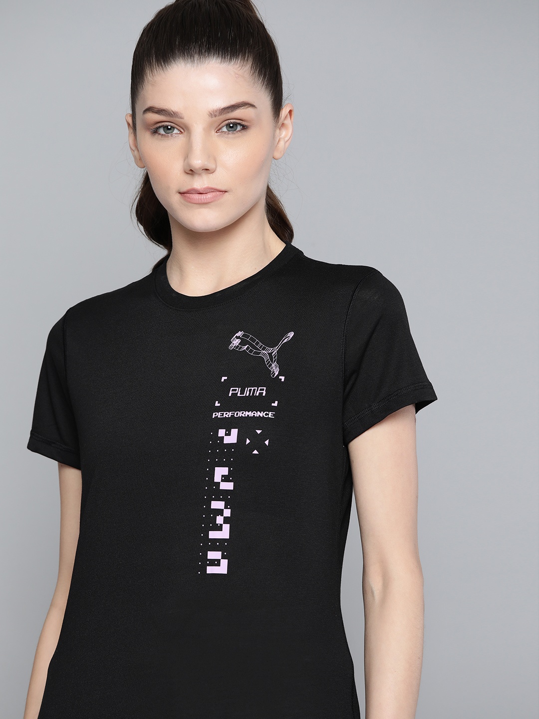 

Puma Women Black & Pink Performance Graphic Short Sleeves Training T-shirt