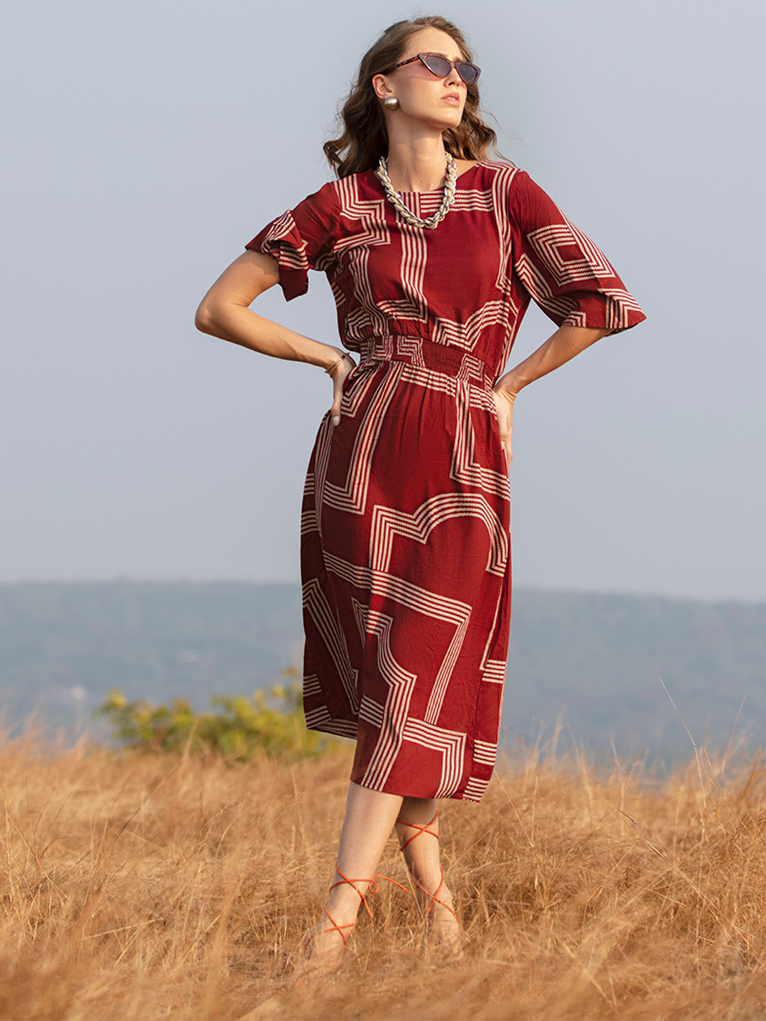 

Oxolloxo Women Maroon Printed A-Line Dress