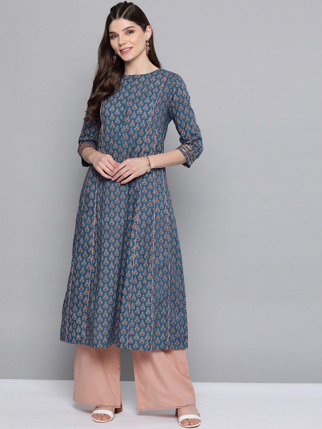 

HERE&NOW Women Teal Blue & Olive Green Ethnic Motifs Print Pure Cotton Kurta