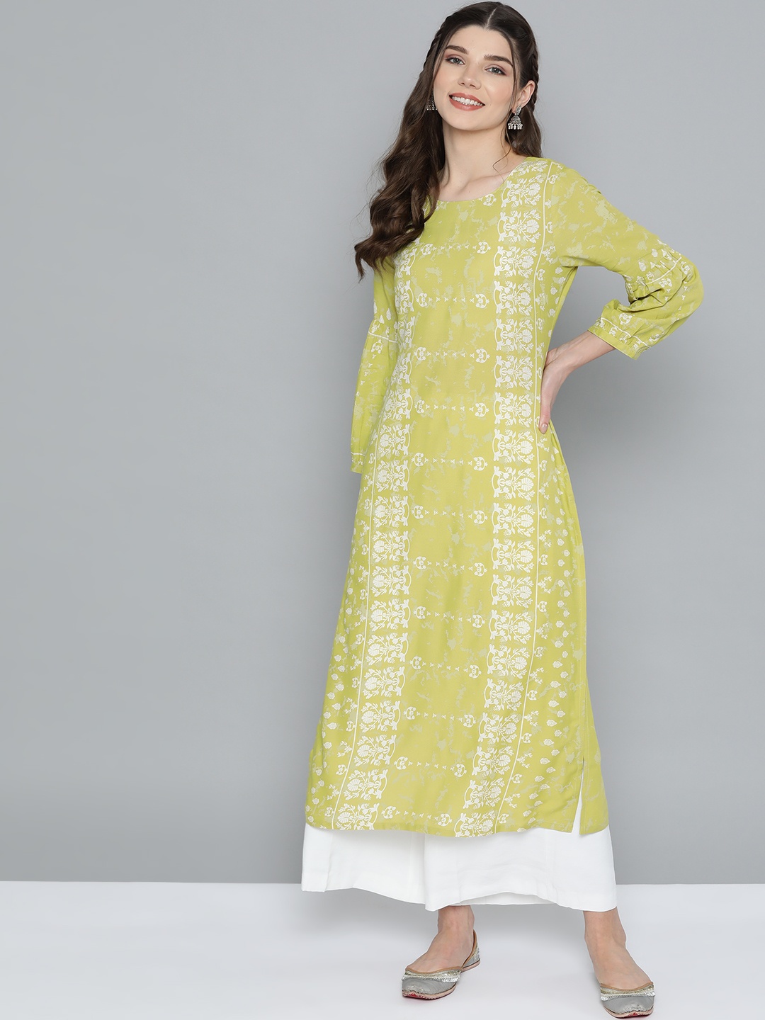 

HERE&NOW Women Green & White Ethnic Motifs Printed Kurta
