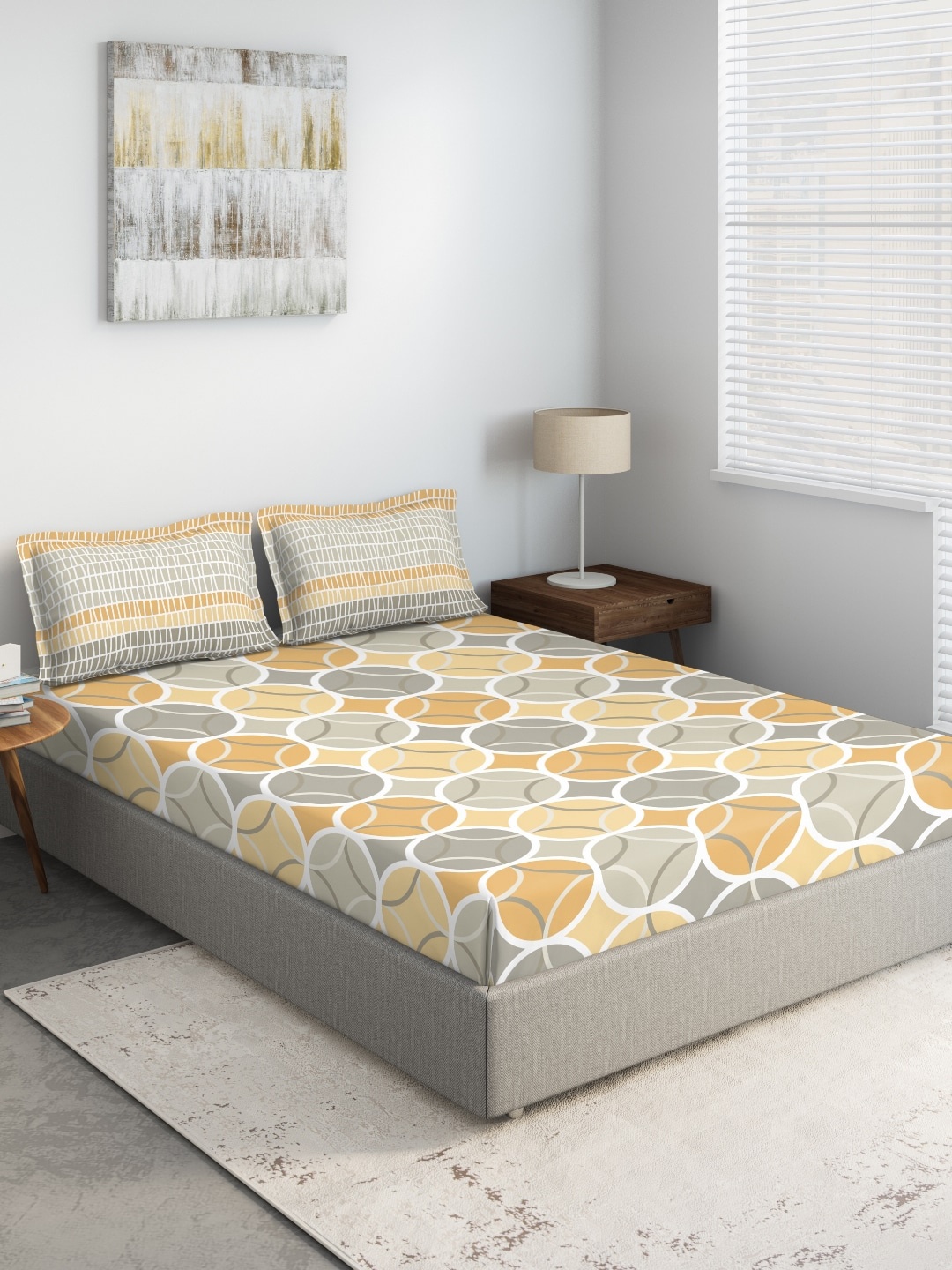 

DDecor Orange & Grey Geometric 144 TC Cotton 1 King Bedsheet with 2 Pillow Covers