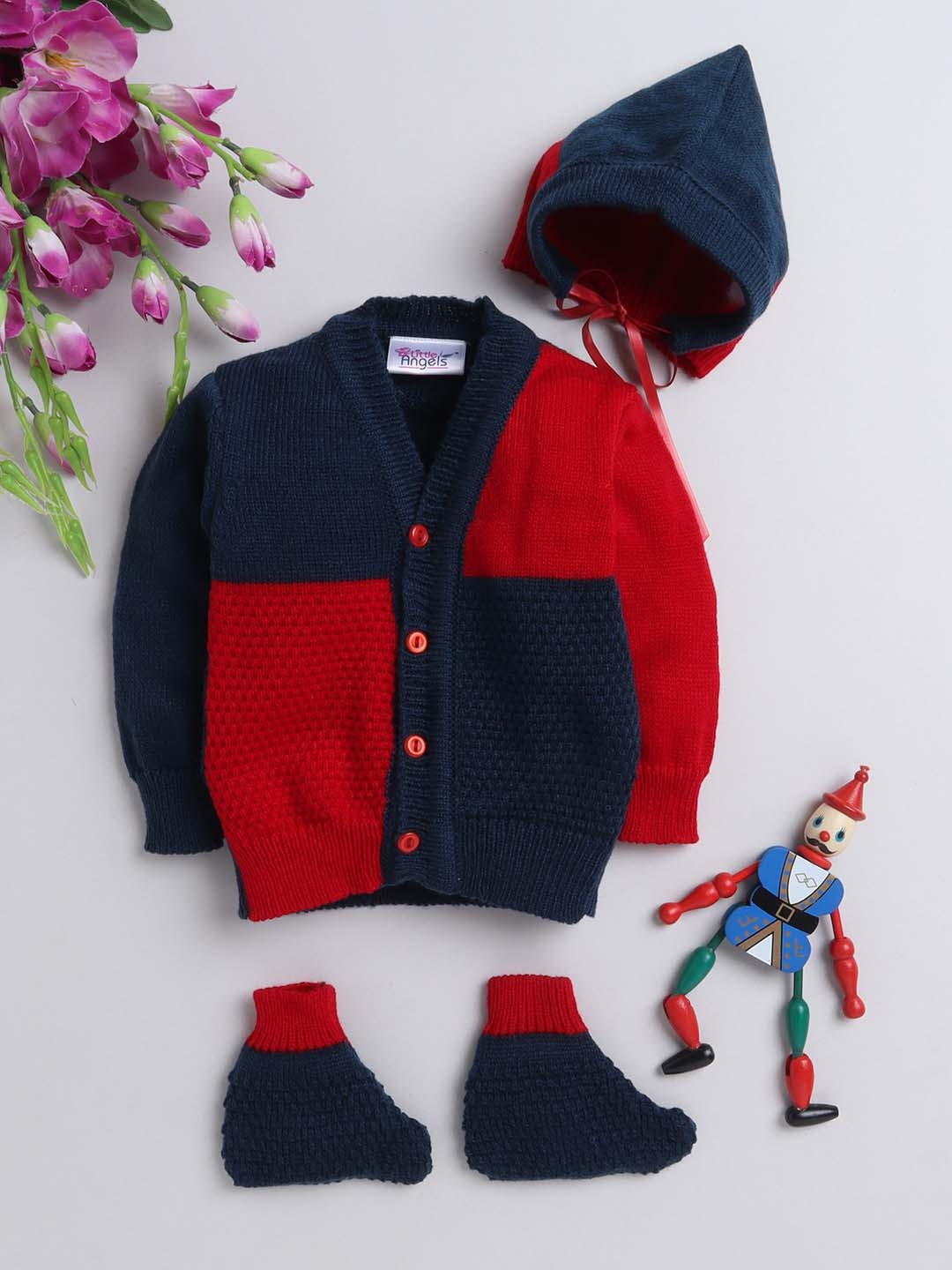 

Little Angels Unisex Kids Navy Blue Colourblocked Front Open Full Sleeves Sweater Set