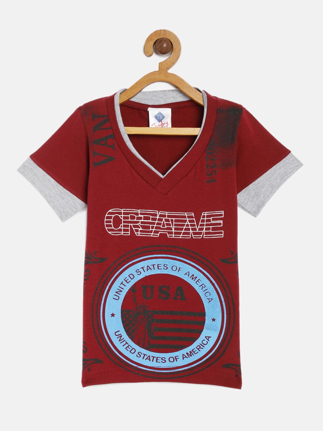 

TONYBOY Boys Maroon Printed V-Neck Cotton T-shirt