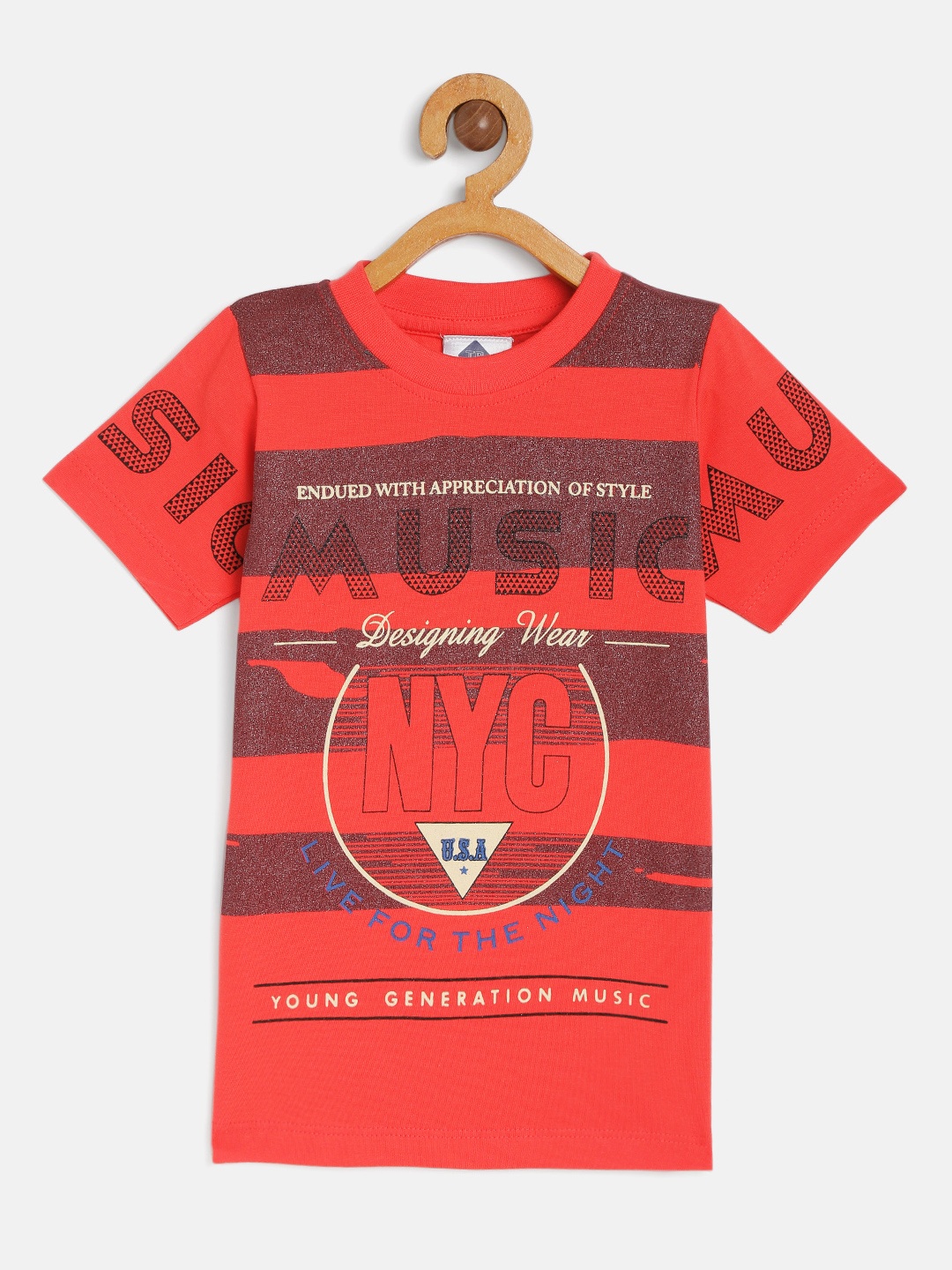 TONYBOY Boys Coral Red Printed Round Neck Cotton T-shirt