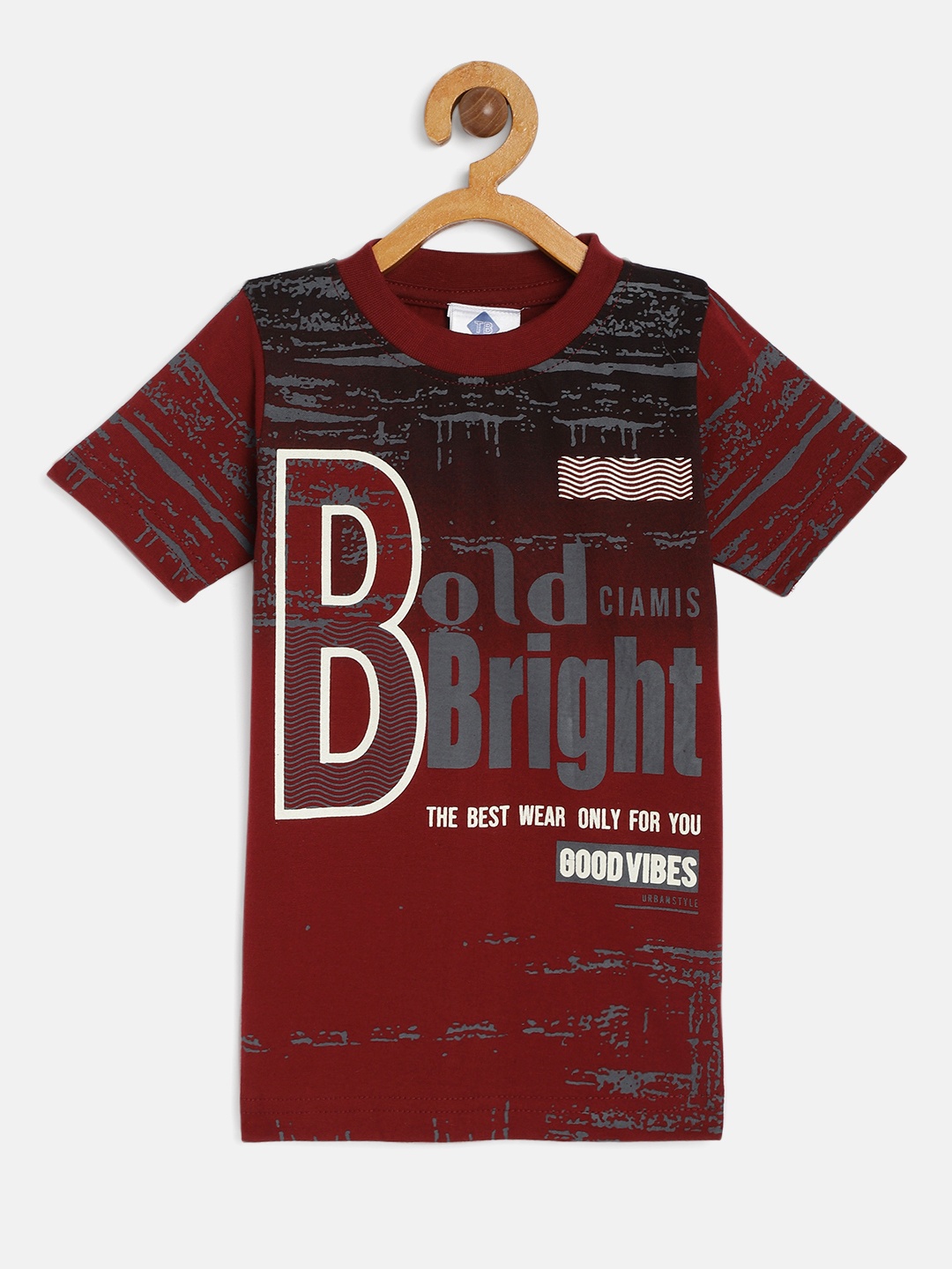 

TONYBOY Boys Maroon Printed Round Neck Cotton T-shirt