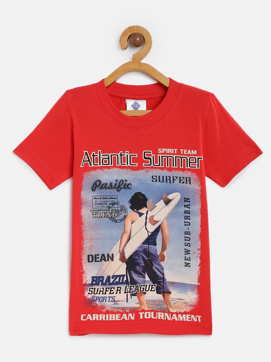 

TONYBOY Boys Coral Red Printed Round Neck Cotton T-shirt