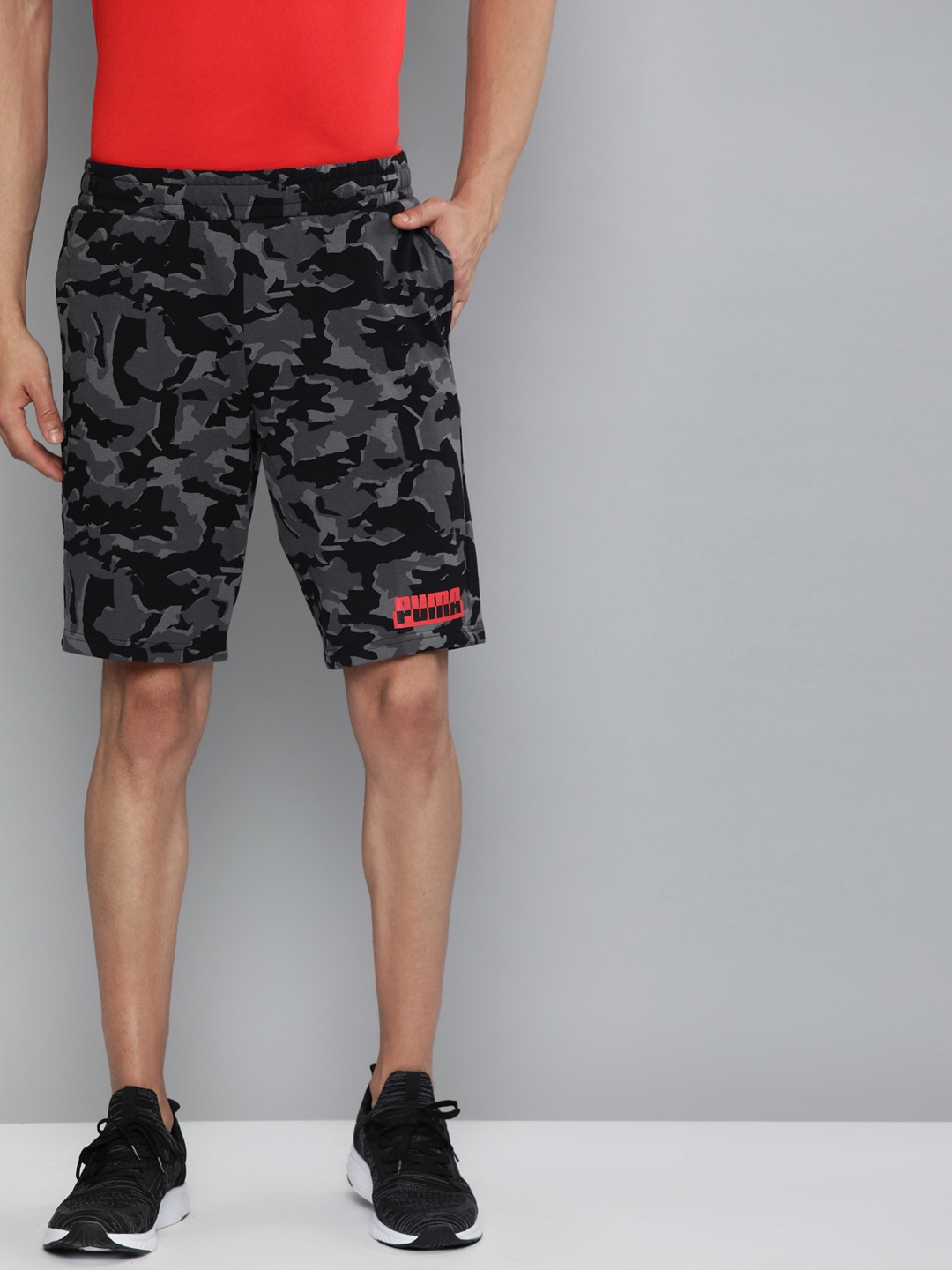 

Puma Men Black & Charcoal Grey Pure Cotton Core Camo AOP Sports Shorts