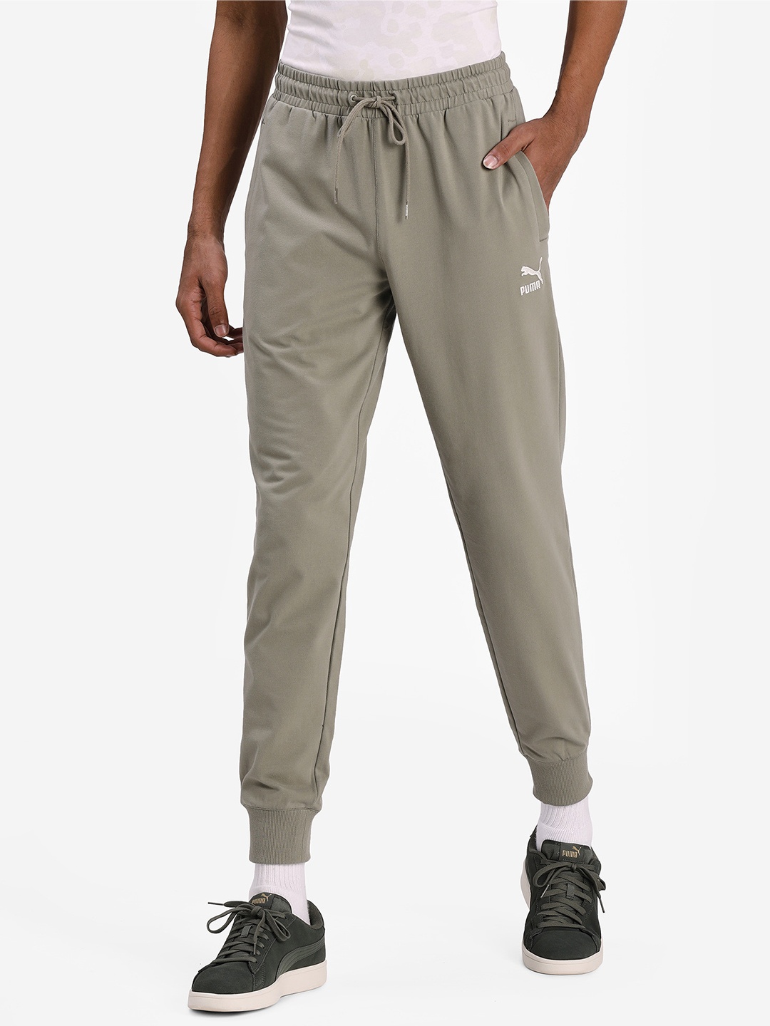

Puma Men Olive Green Solid Classics Jersey Cuffed Slim Fit Joggers