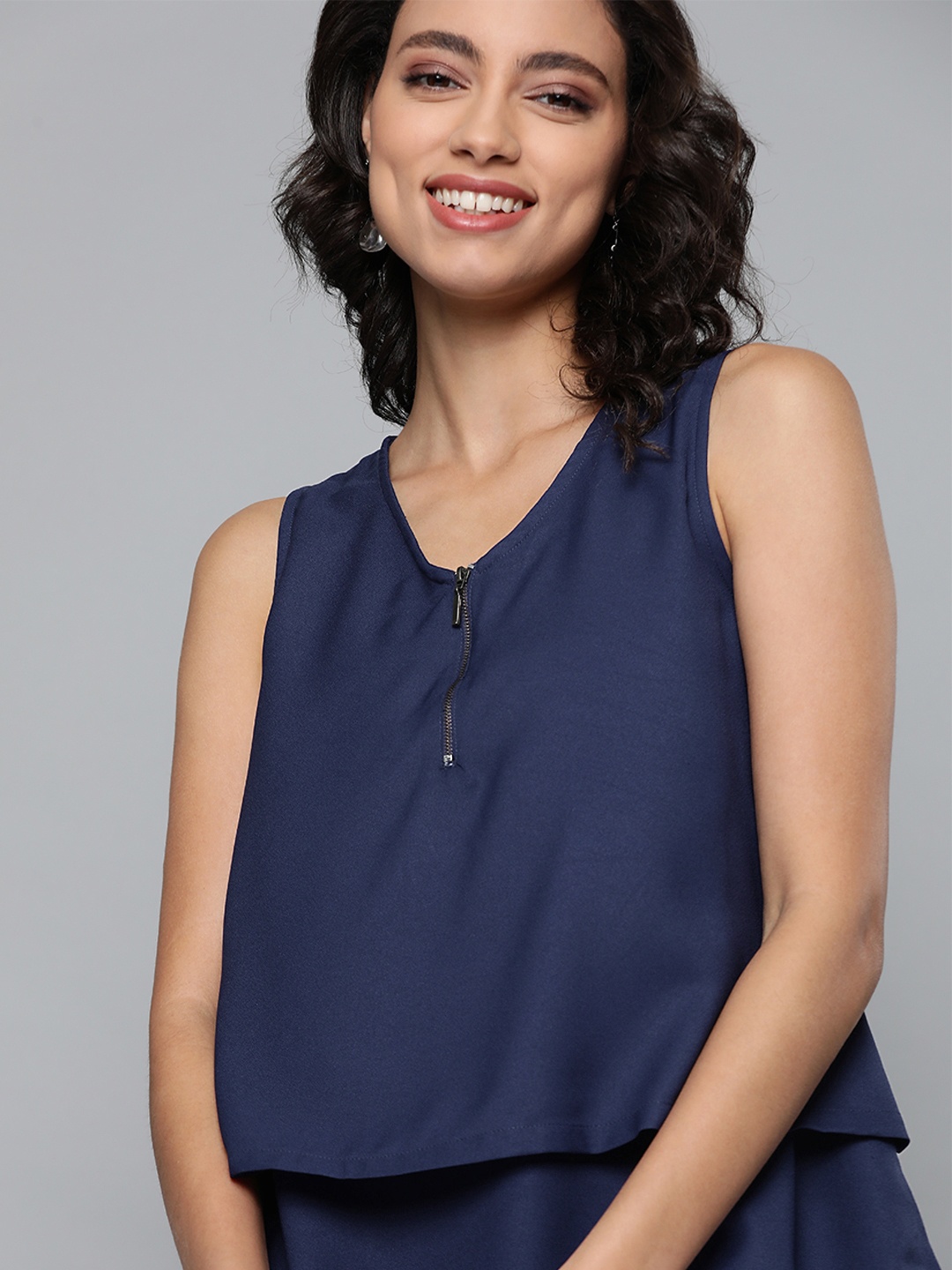 

HERE&NOW Women Navy Blue Sleeveless V-Neck Layered A-Line Top