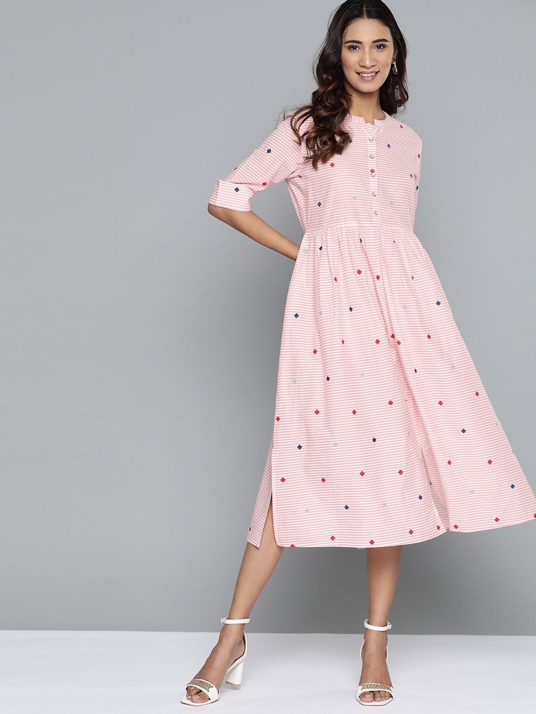 

HERE&NOW Women Pink & White Striped Pure Cotton A-Line Dress