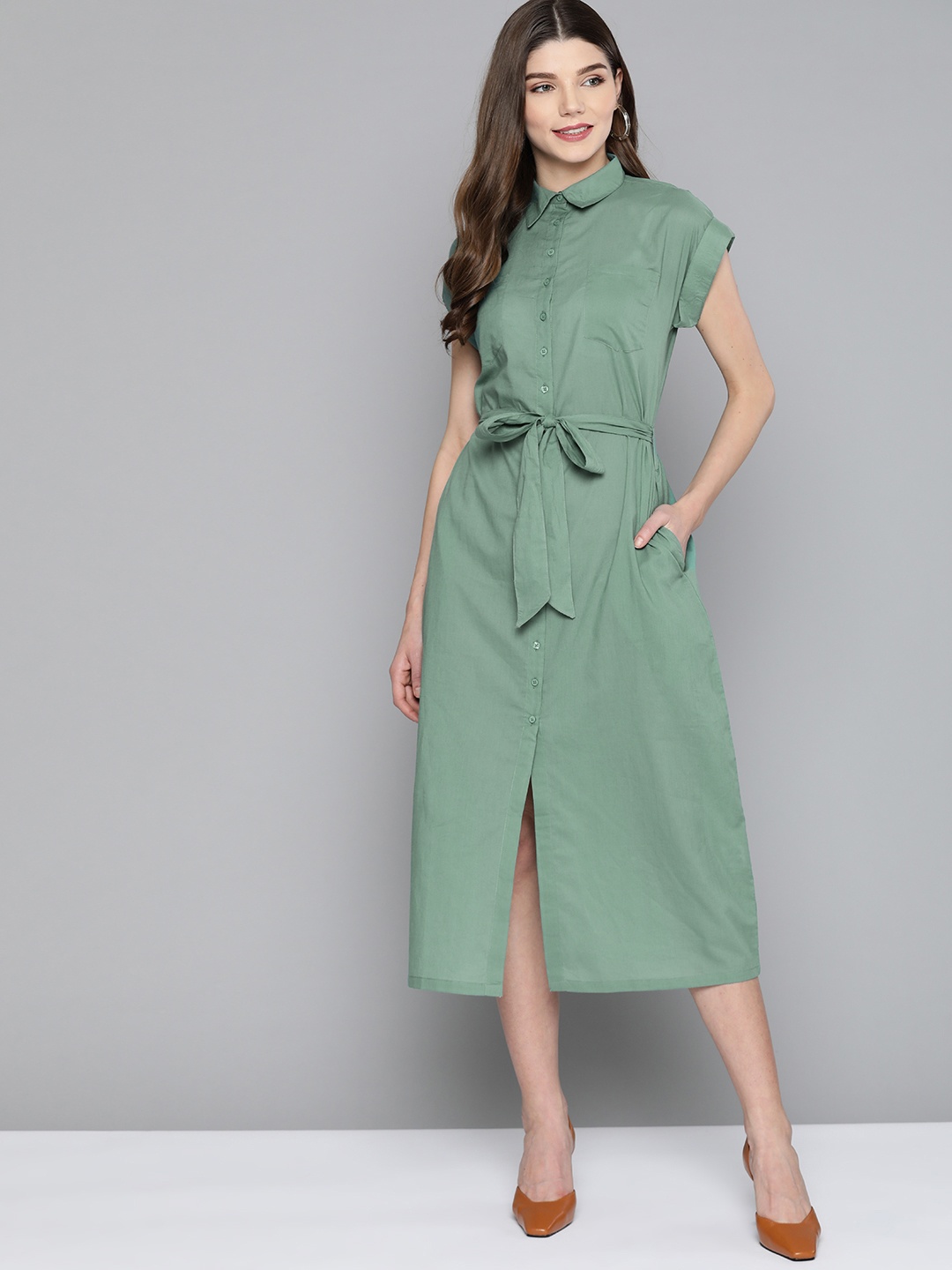 

HERE&NOW Women Green Pure Cotton Solid Shirt Dress
