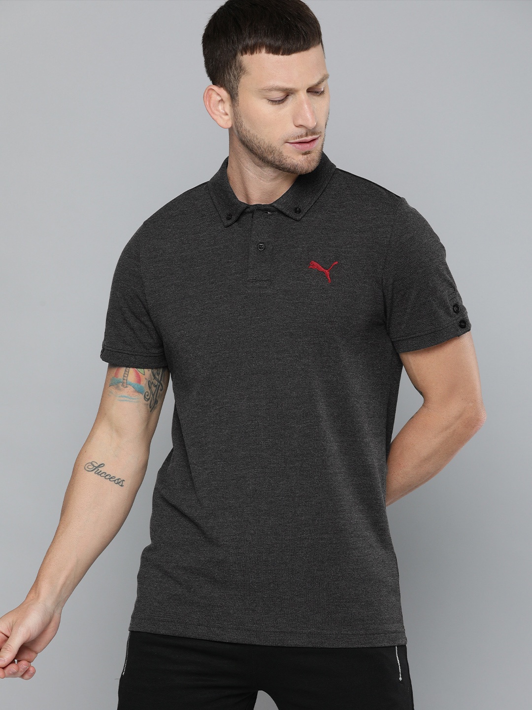 

Puma Men Grey Solid Stylized Polo Collar T-shirt