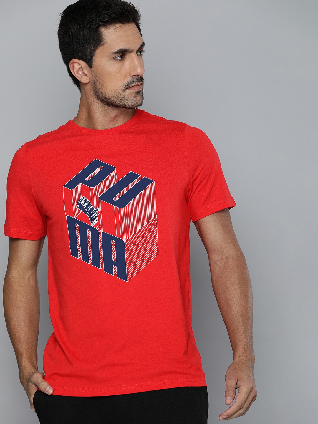 

Puma Men Red Navy Blue Printed Round Neck Graphic Logo Play Pure Cotton T-shirt