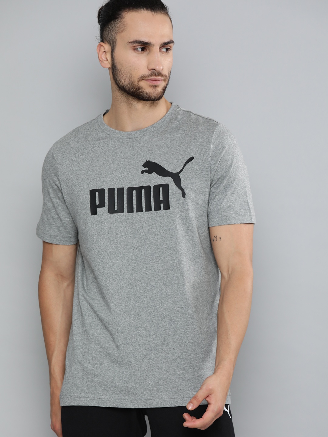 

Puma Men Grey Melange Black ESS Brand Logo Print Round Neck Pure Cotton T-shirt