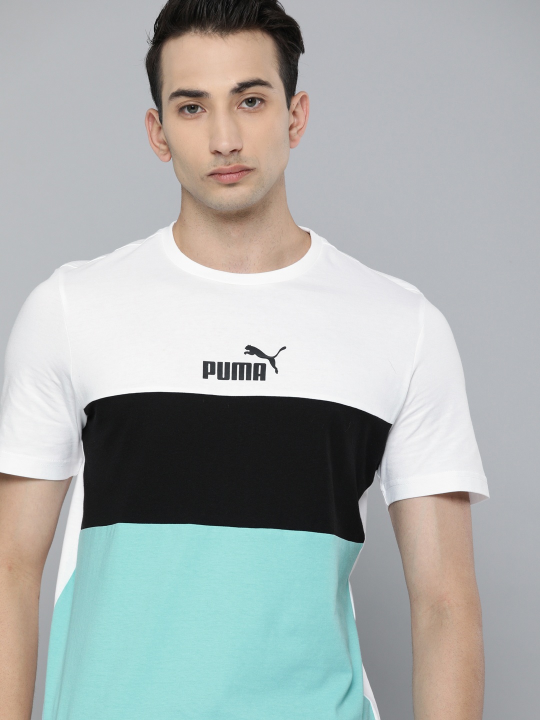 

Puma Men White Sea Green ESS+ Colourblocked Round Neck Pure Cotton T-shirt