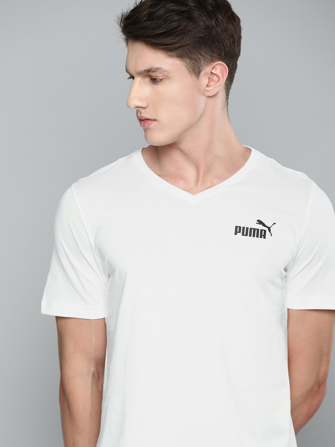 

Puma Men White Solid ESS V-Neck Pure Cotton T-shirt
