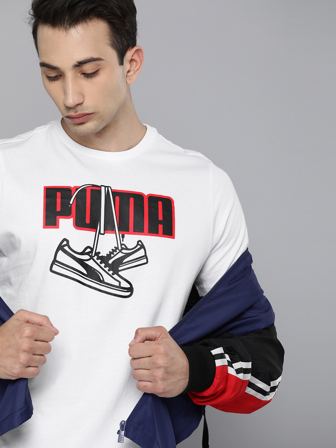 

Puma Men White Logo Printed Sneaker Inspired Round Neck T-shirt