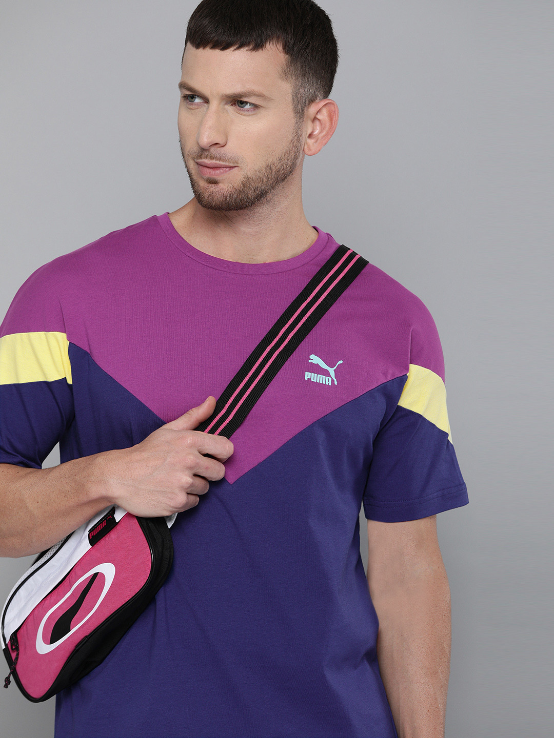 

Puma Men Purple Navy Blue Colourblocked Iconic MCS Round Neck Pure Cotton T-shirt