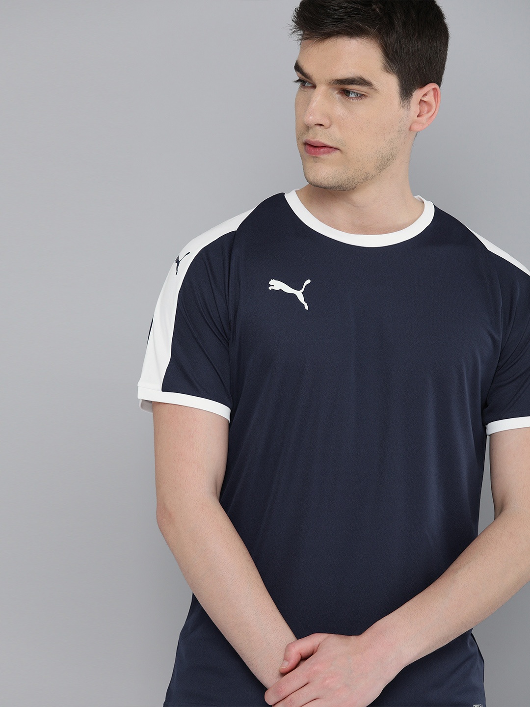 

Puma Men Navy Blue Colourblocked Round Neck Football T-shirt