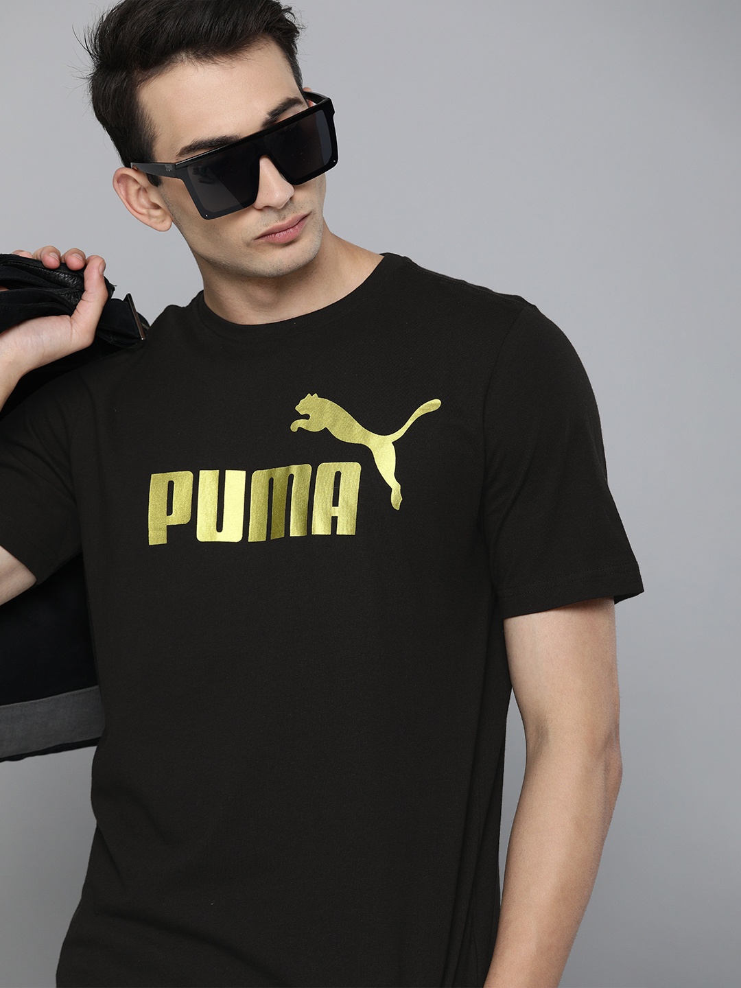 

Puma Men Black Gold-Toned ESS+ Logo Execution Printed Round Neck Pure Cotton T-shirt
