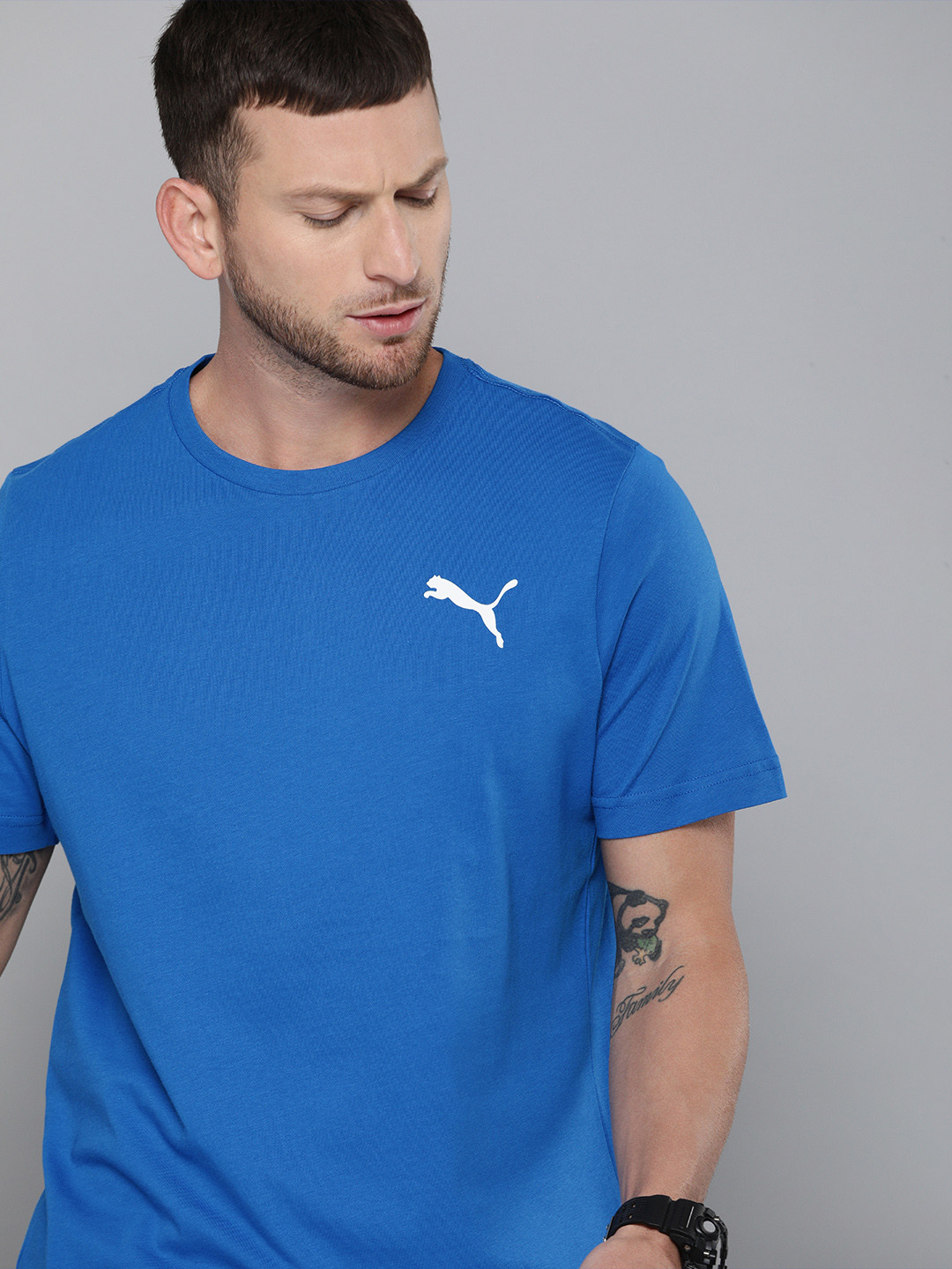 

Puma Men Blue ESS Small Logo Printed Round Neck Pure Cotton T-shirt