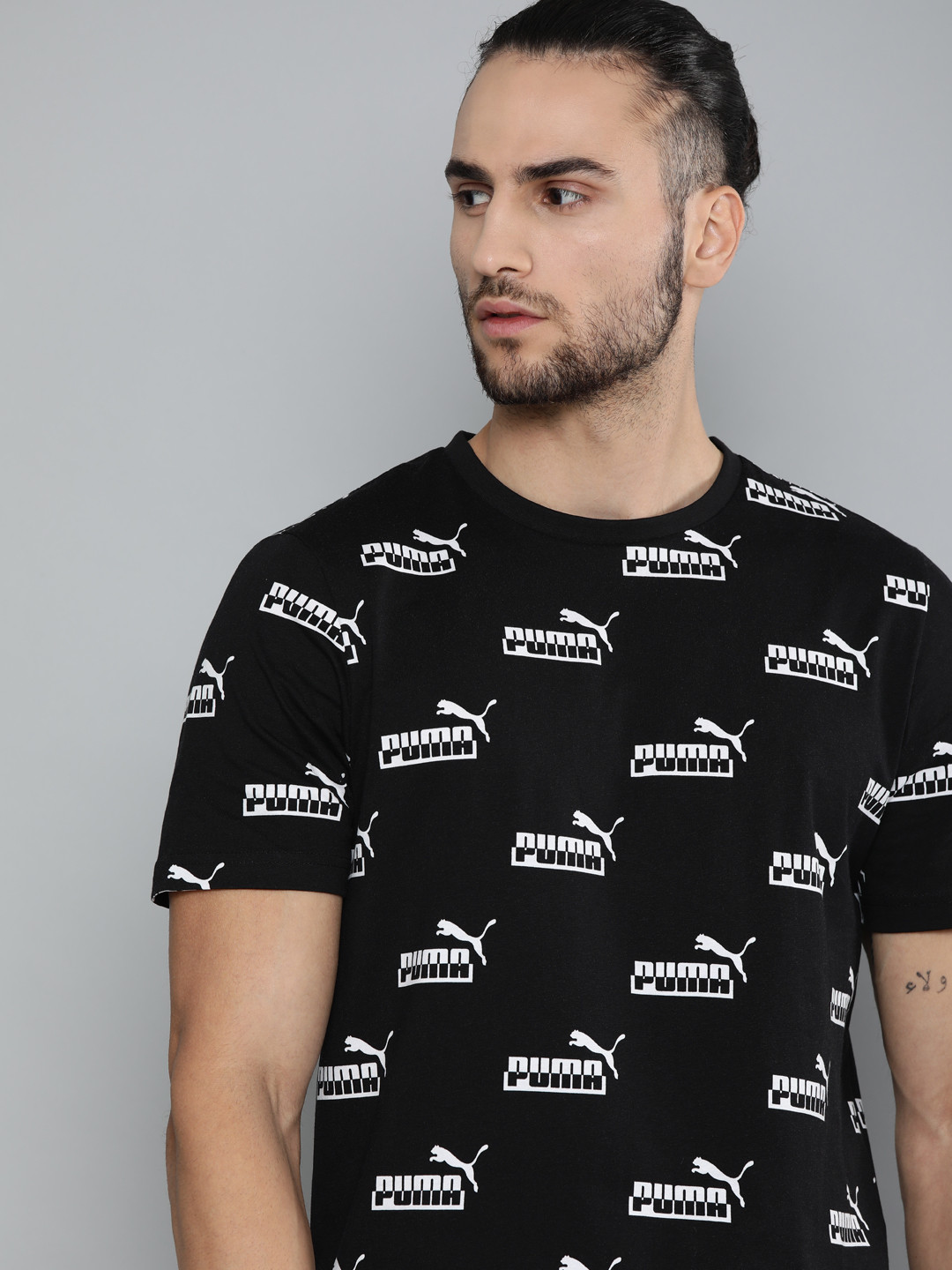 

Puma Men Black White Pure Cotton Amplified AOP Brand Logo Print Sustainable Pure Cotton T-shirt