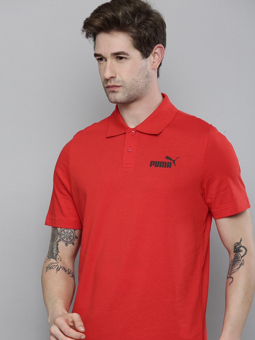 

Puma Men Red Brand Logo Printed ESS Jersey Polo Collar Pure Cotton T-shirt