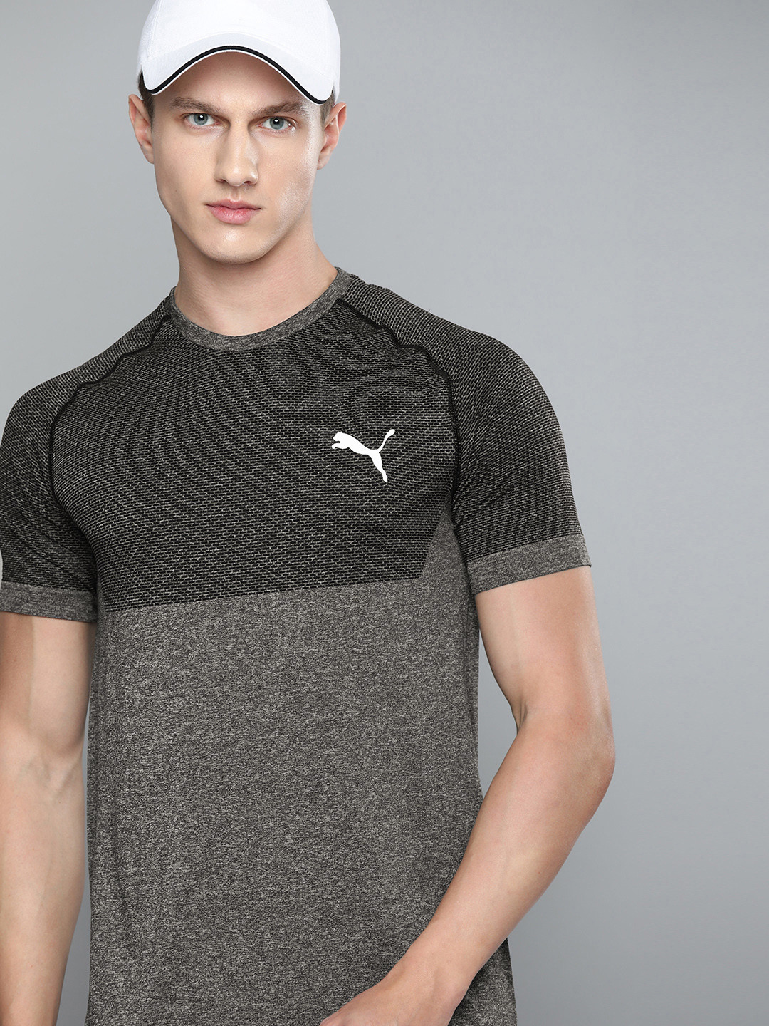 

Puma Men Black & Grey Slim Fit Printed dryCELL Round Neck RTG Evoknit Basic T-shirt