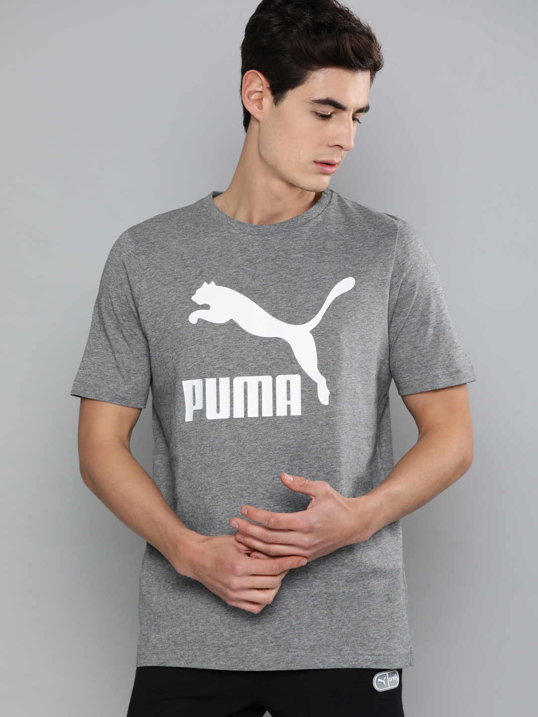 

Puma Men Grey Melange White Pure Cotton Classics Brand Logo Print Sustainable Pure Cotton T-shirt