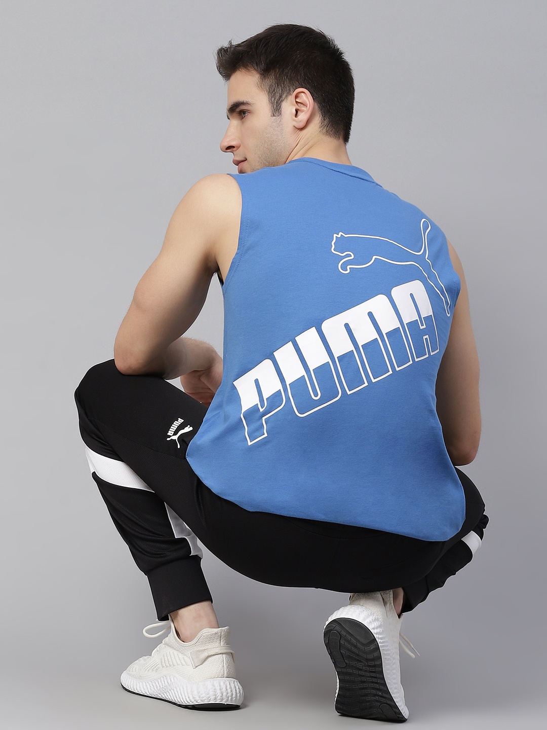 

Puma Men Blue White Big Logo Sleeveless Pure Cotton T-shirt