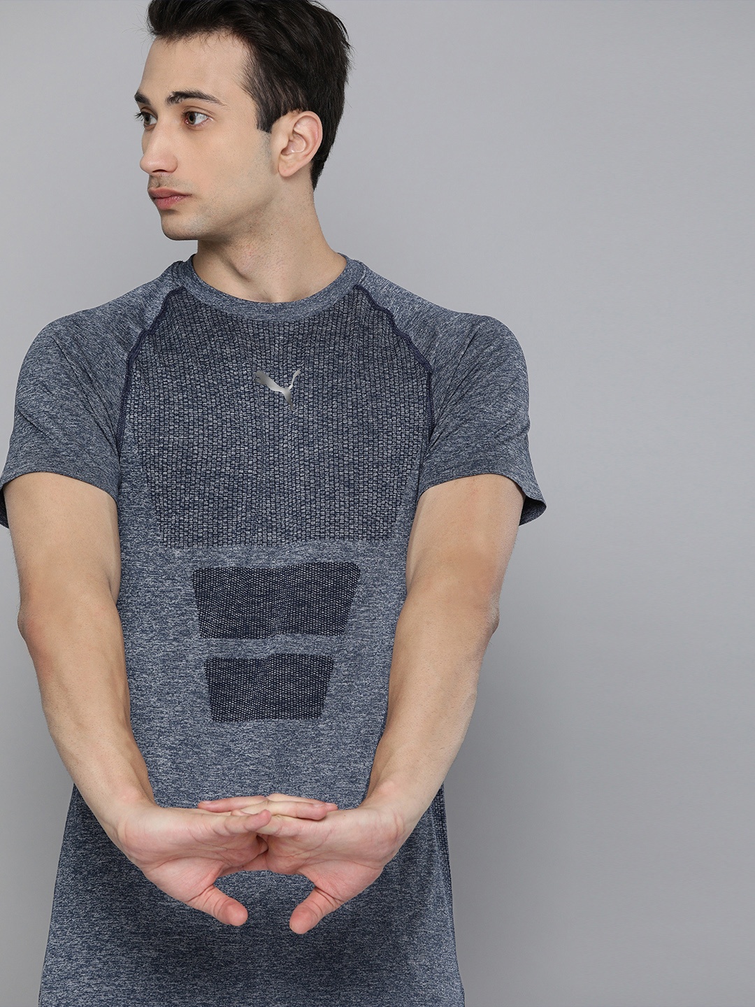 

Puma Men Navy Blue Printed FAV EVOKNIT SS Round Neck Longline Training T-shirt