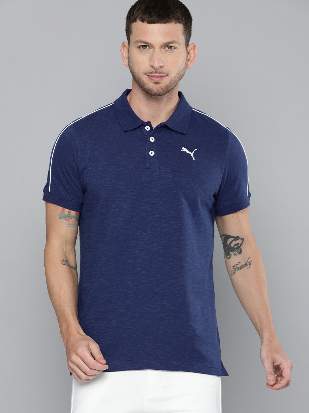 

Puma Men Blue Solid Slub Jersey Polo Collar Pure Cotton T-shirt