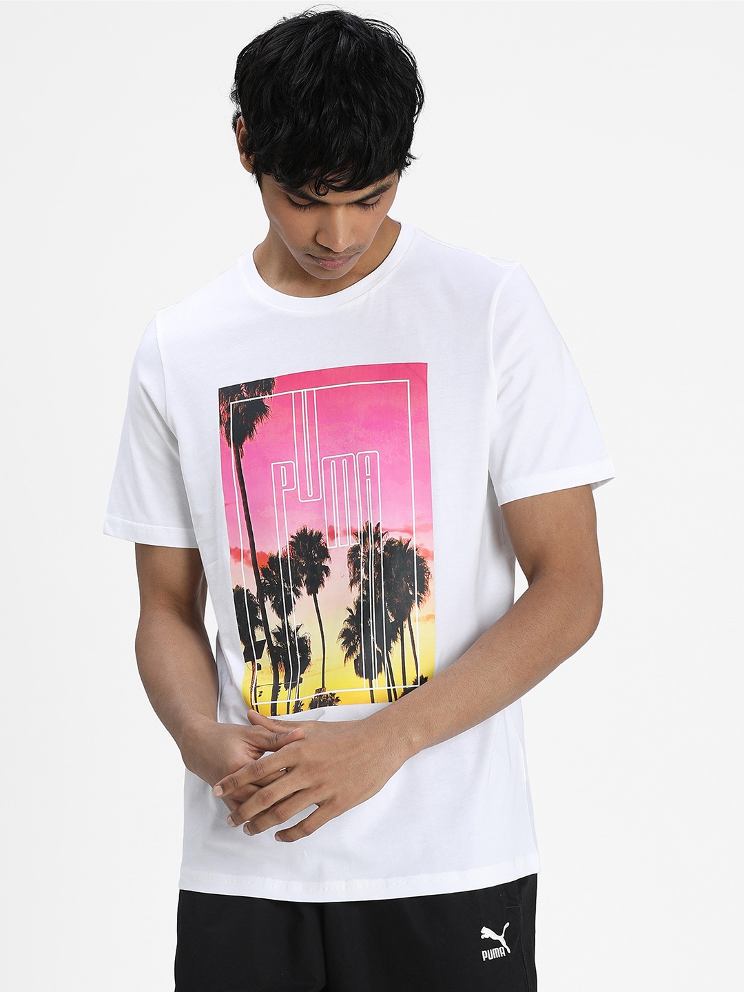 

Puma Men White Graphic Tee Photo Printed Pure Cotton T-shirt