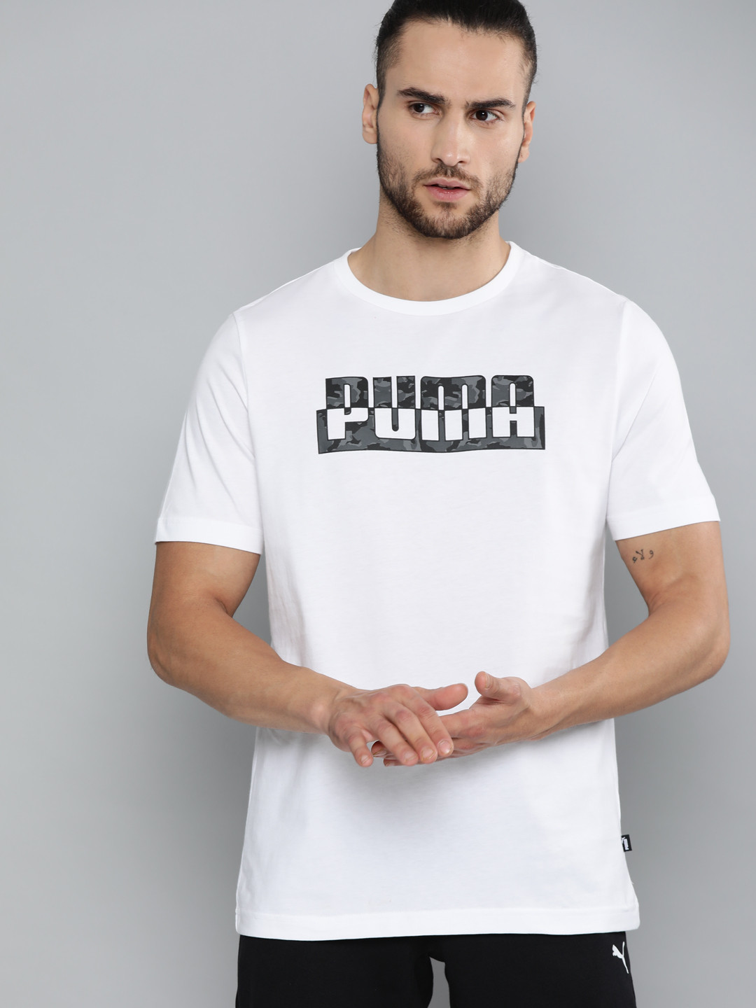 

Puma Men White Charcoal Grey Pure Cotton Core Camo Graphic Brand Logo Print Pure Cotton T-shirt