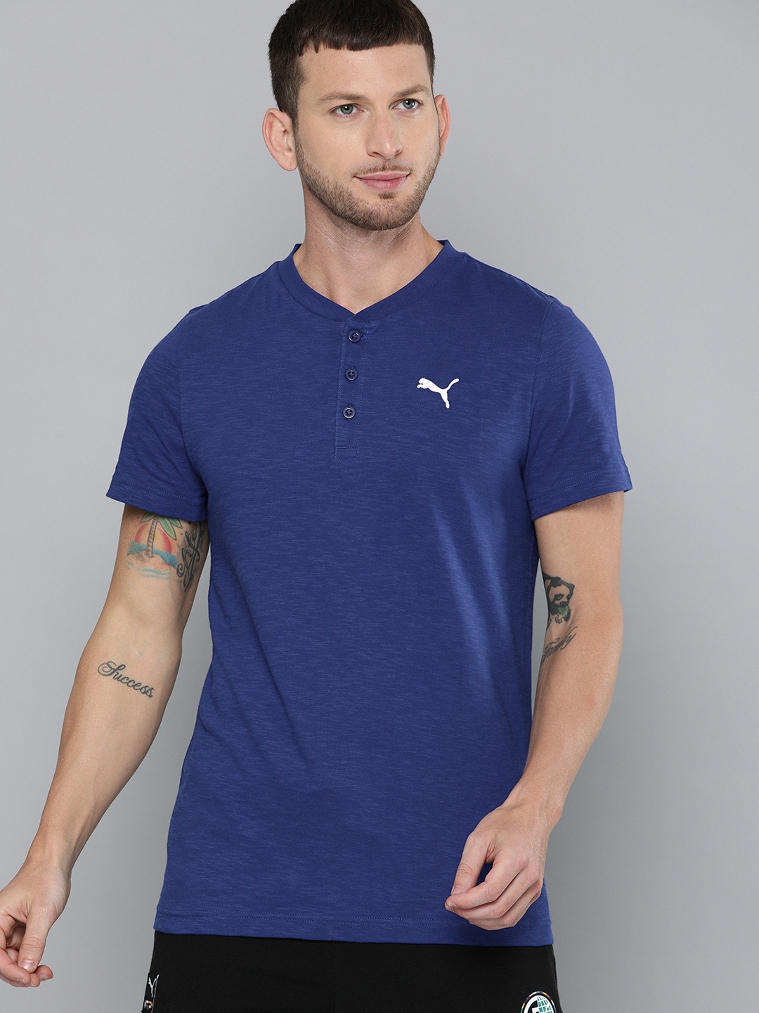 

Puma Men Blue Solid Henley Neck Slub Pure Cotton T-shirt