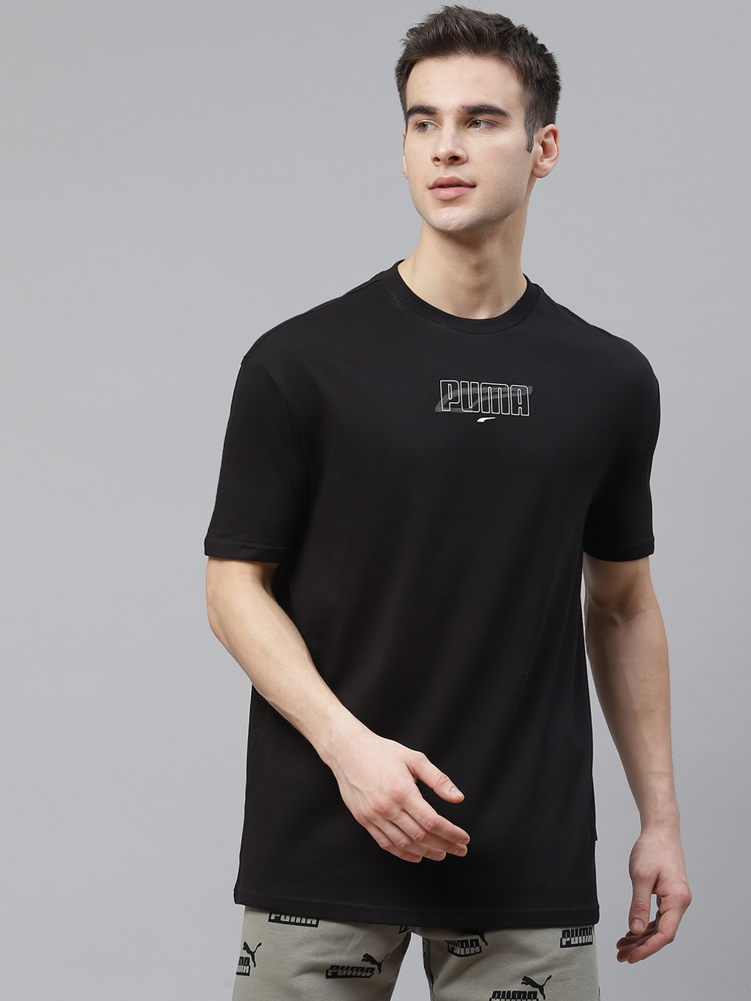 

Puma Men Black White Rebel Brand Logo Print Back Cotton Round Neck Pure Cotton T-shirt