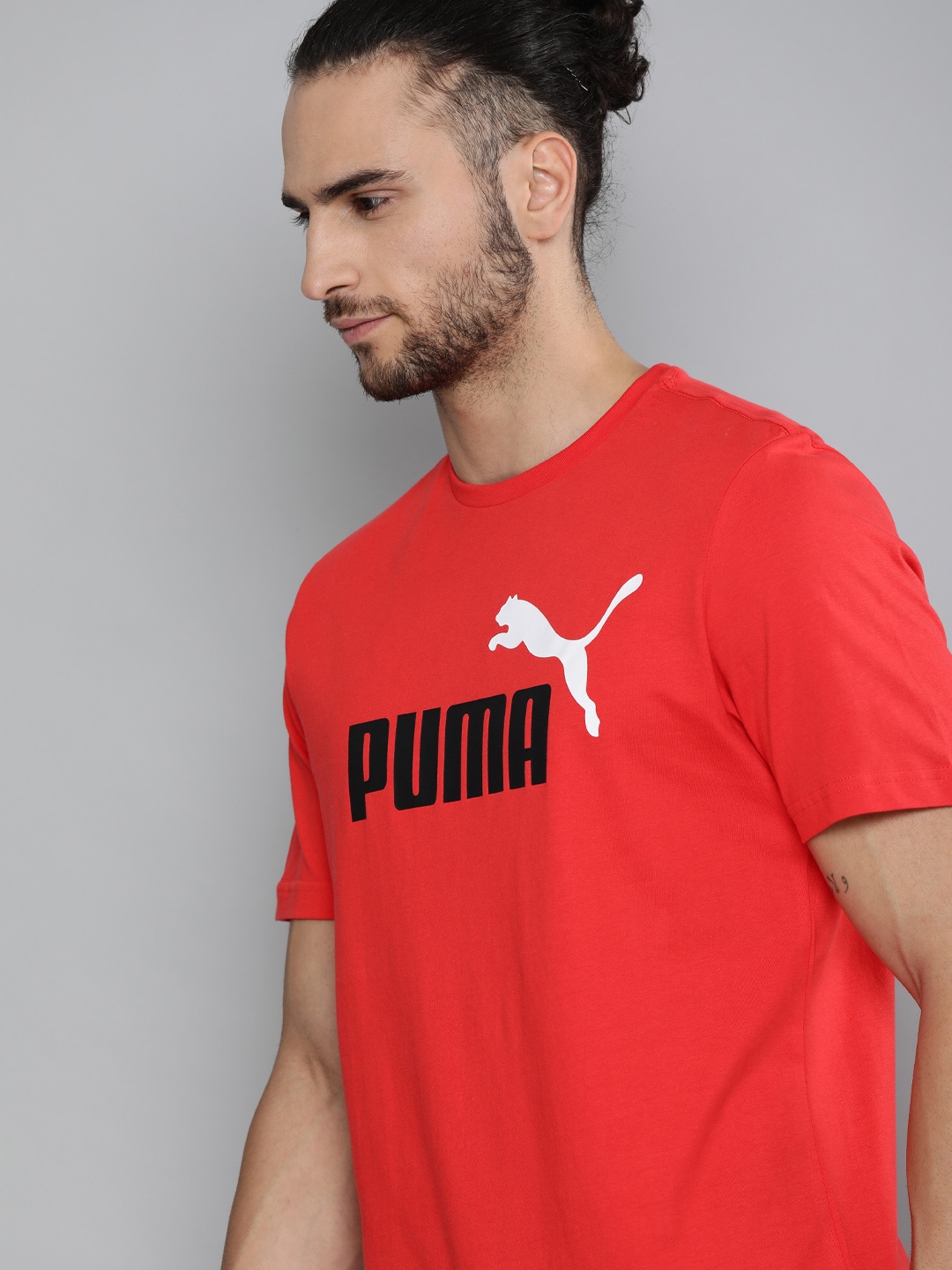 

Puma Men Red Black ESS+ 2 Col Brand Logo Print Round Neck Pure Cotton T-shirt
