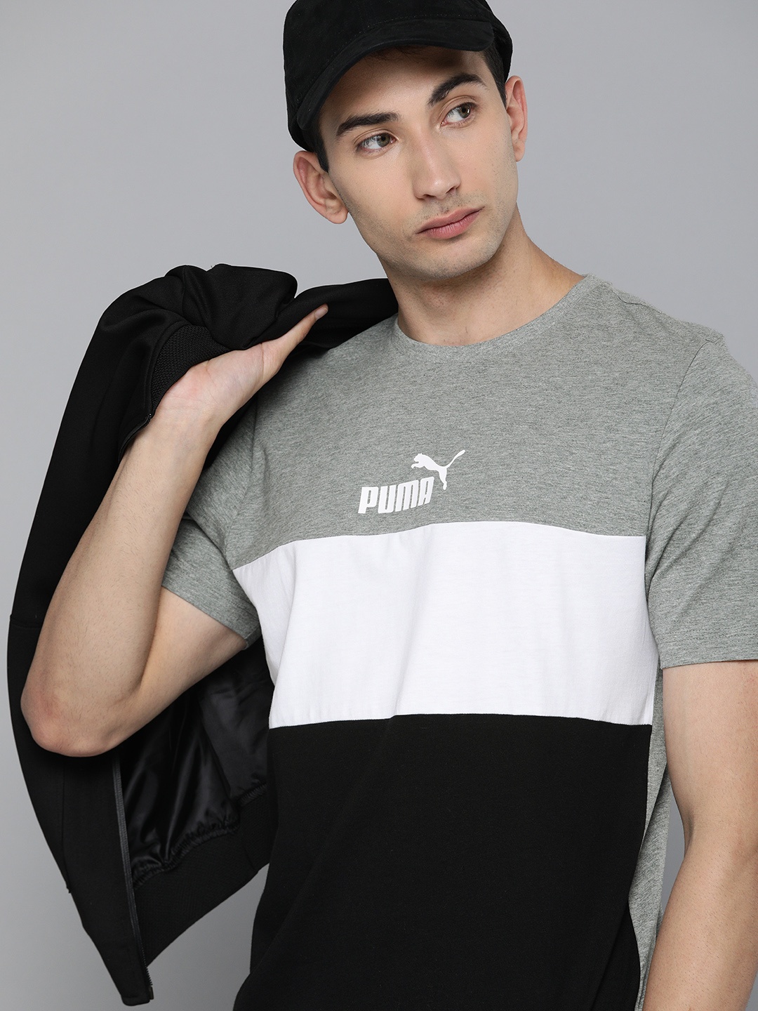 

Puma Men Grey Melange White ESS+ Colourblocked Pure Cotton T-shirt