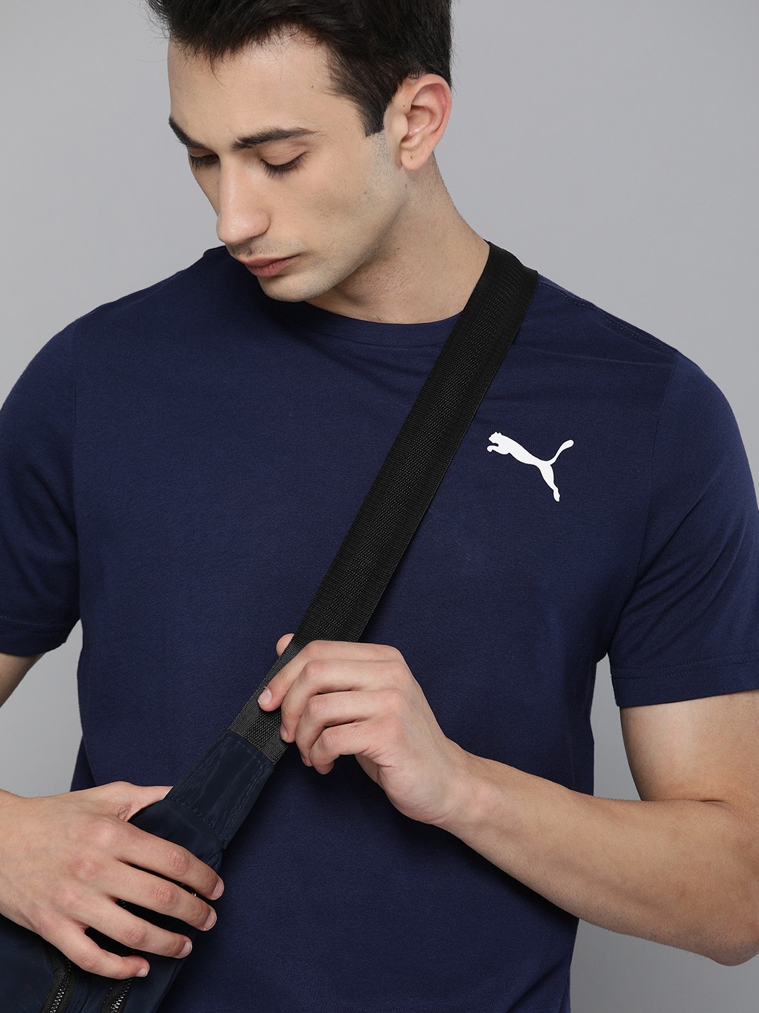 

Puma Men Navy Blue Printed ESS Small Brand Logo Printed Pure Cotton T-shirt