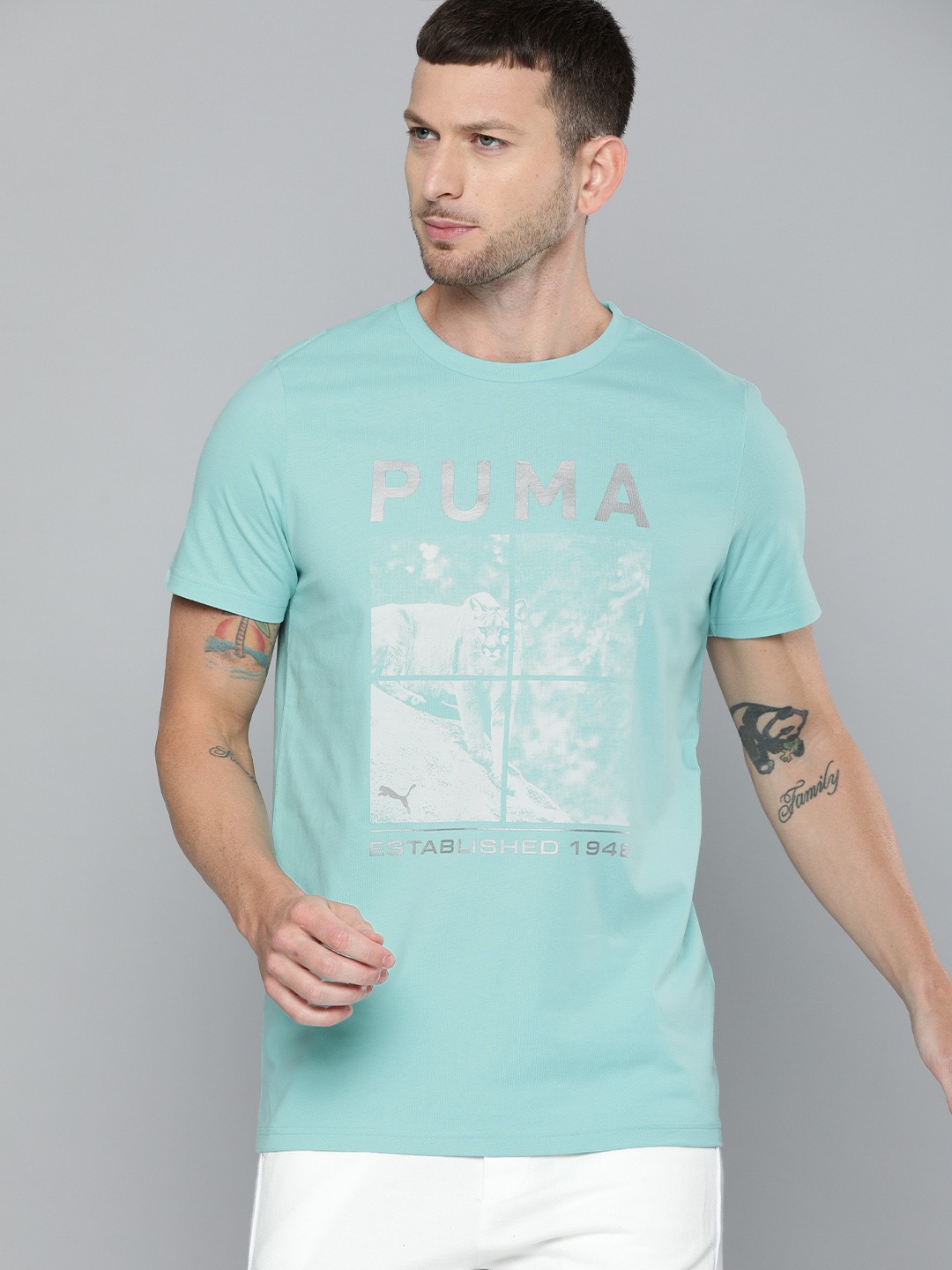 

Puma Men Blue Printed Graphic Tee 1 Round Neck Pure Cotton T-shirt